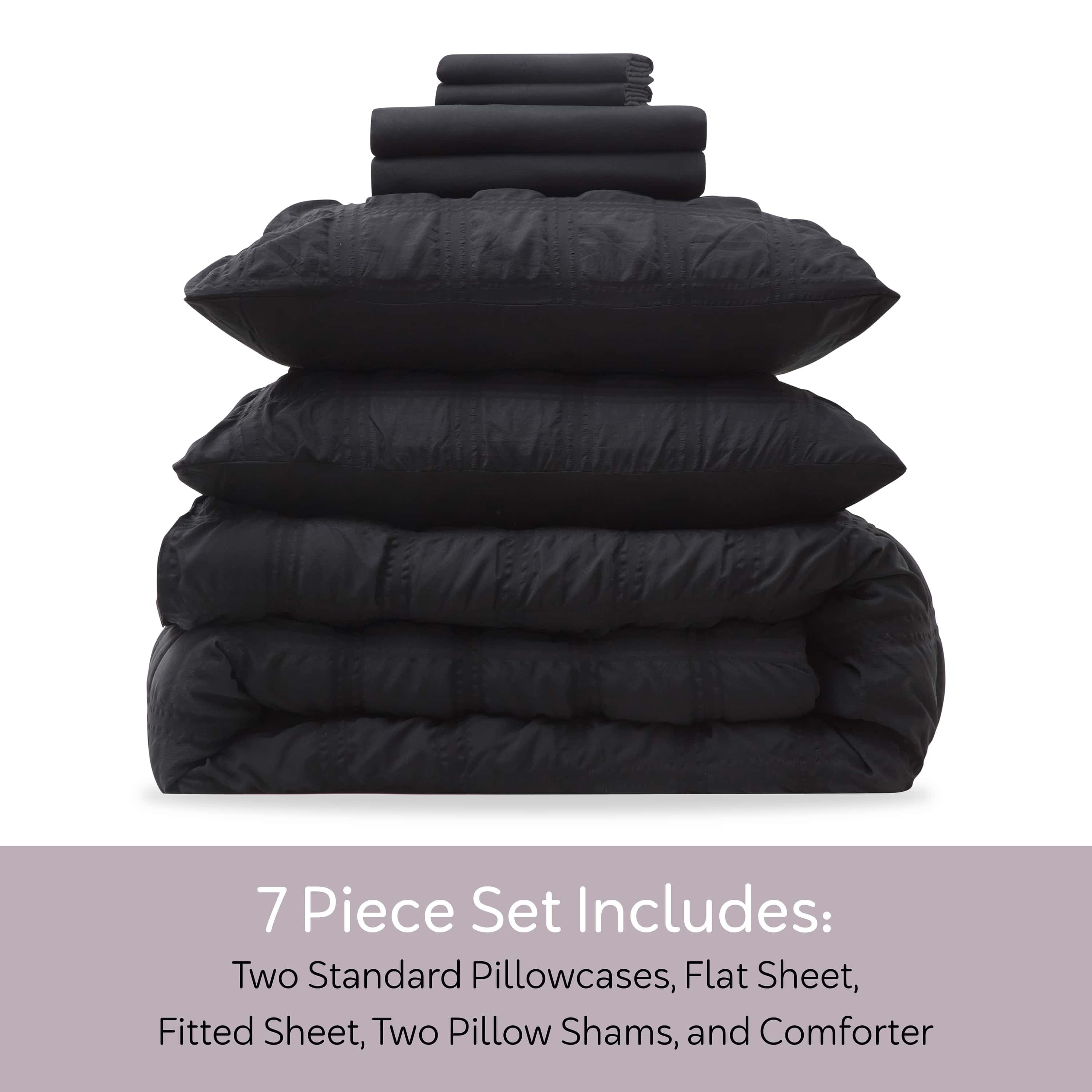 Fluffy Down Alternative Queen Comforter Set, Seersucker Queen Size Comforter Set, 7-Pc All Season Bedding Comforter Set, Black - Hypoallergenic Ultra-Fluffy Quilt for Winter Detail