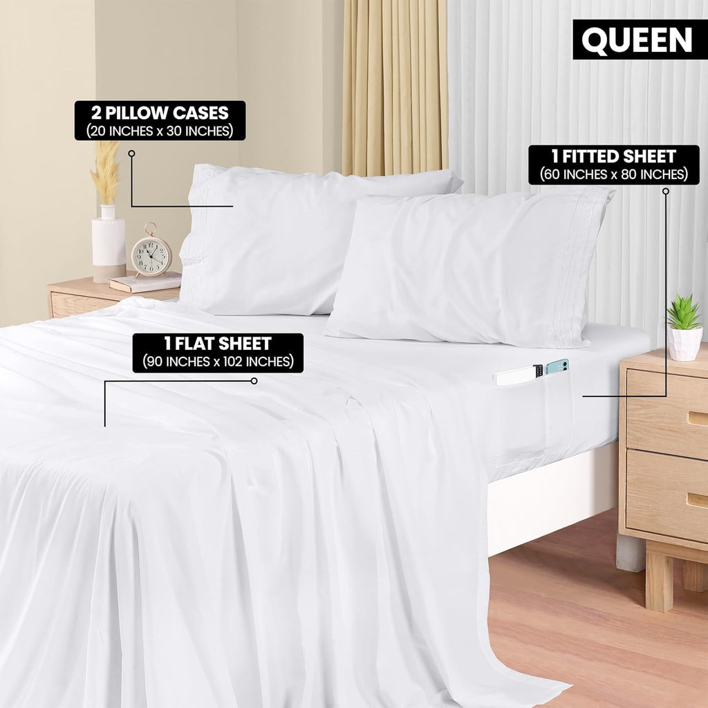 Ultra-Soft Set, Soft Microfiber 4 Piece Hotel Luxury Bed s with Deep Pockets, Embroidered Pillow Cases, Side Storage Pocket Fitt... - Cooling Hotel Quality Bedding Sheets and Pillowcases Detail