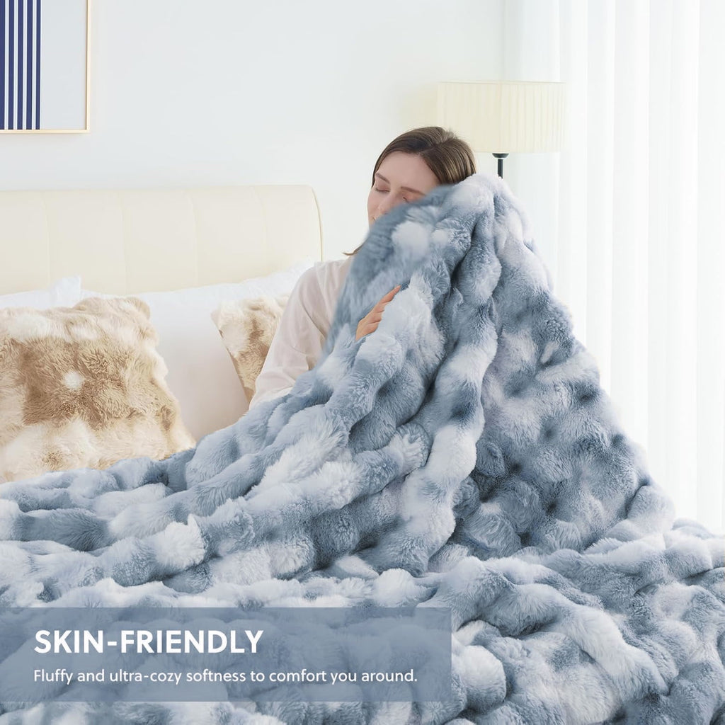 Cozy Fleece Faux Fur Blanket Fluffy Luxury Throw Blanket Plush Fuzzy Blanket for Couch Bed 50×60 Inches Tie-dyed Blue - Luxury Knitted Decorative Throw Blanket with Fringes Detail