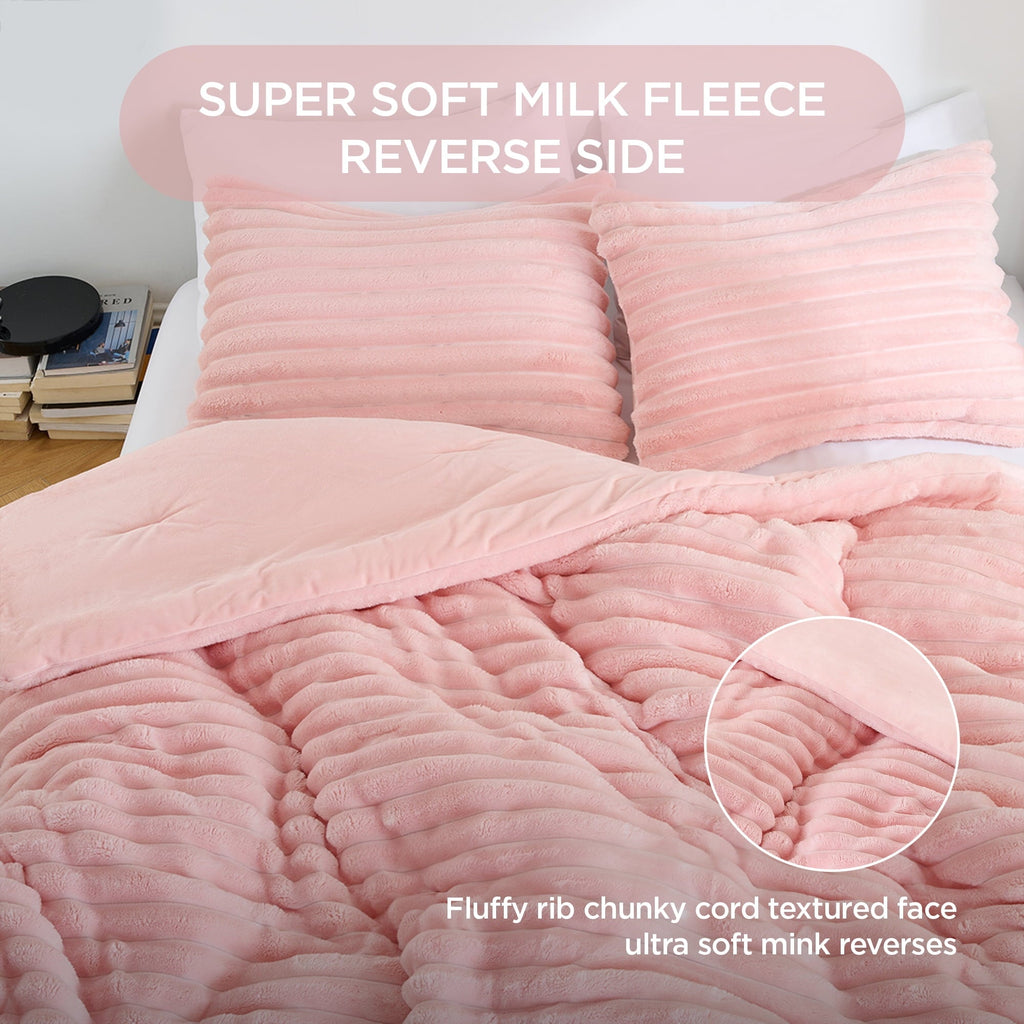 Heavyweight Warmth Full/Queen Size Comforter Set, Fluffy Ribbed Plush Comforter Set, 3-Piece Bedding Set, Pink - Luxurious Quilted Duvet Cover Set Detail