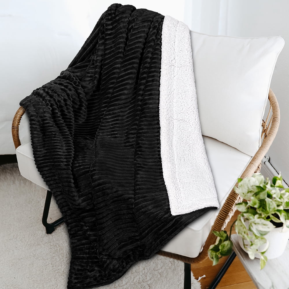 Decorative Knitted Reversible Sherpa Fleece Throw Blanket Black, Plush Flannel Throw, Ultra Soft Warm Ribbed Microfiber Blanket for Sofa... - Super Soft Reversible Sherpa Flannel Blanket Detail