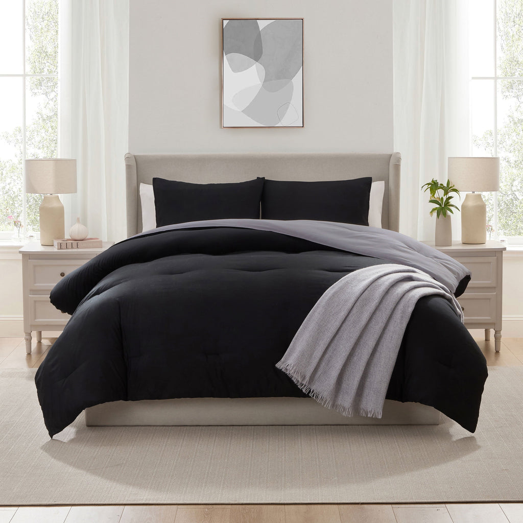 Heavyweight Warmth Comforter Sets, All Season Lightweight Reversible Queen Comforter Set, 3-Pc Bedding Sets, Black/Charcoal gray - Luxurious Quilted Duvet Cover Set Detail