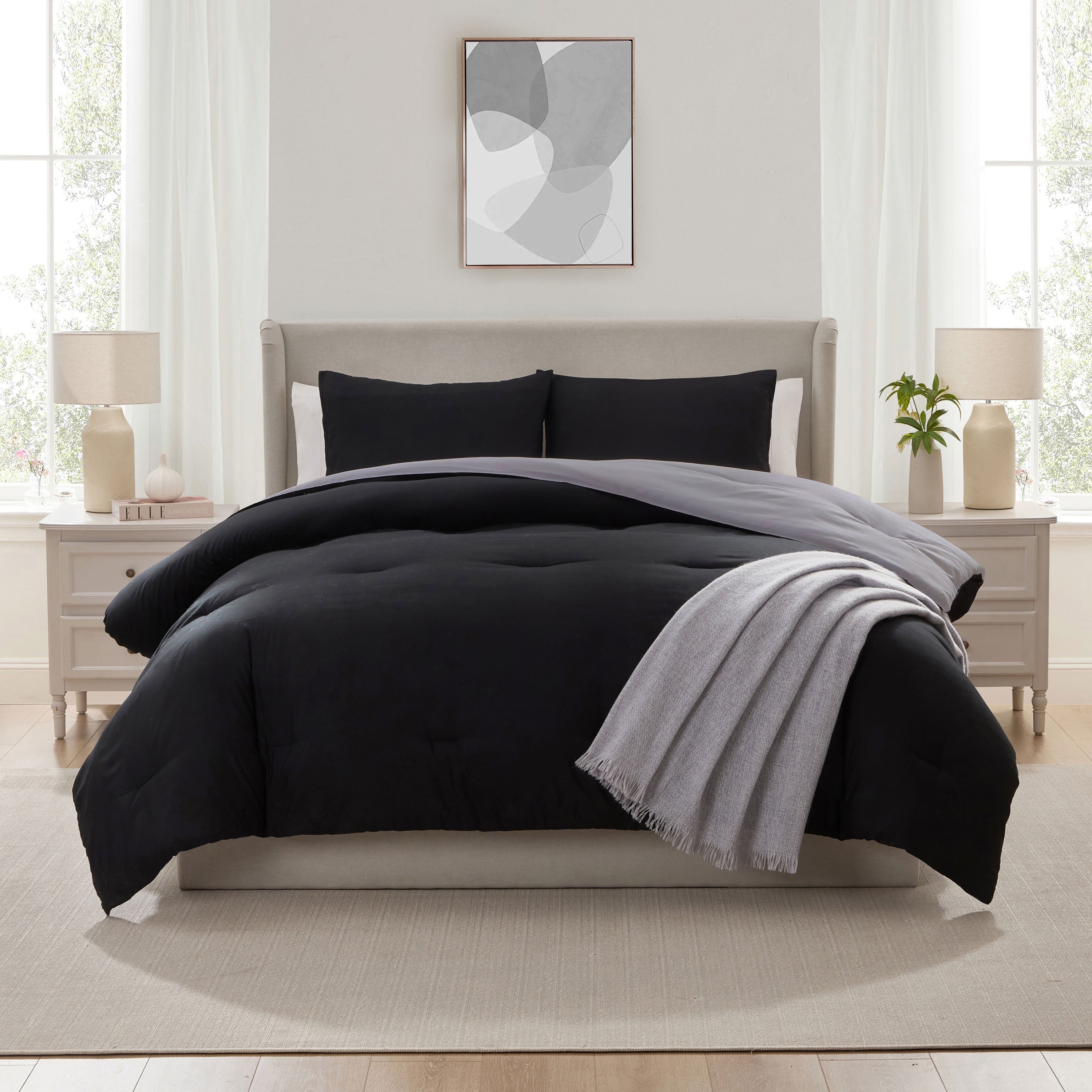 Heavyweight Warmth Comforter Sets, All Season Lightweight Reversible Queen Comforter Set, 3-Pc Bedding Sets, Black/Charcoal gray - Luxurious Quilted Duvet Cover Set Detail