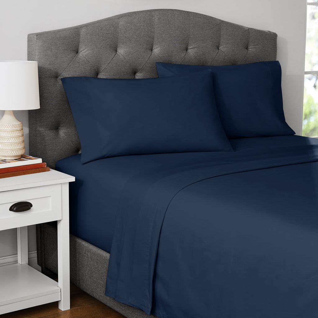 Wrinkle-Resistant 300 Thread Count Easy Care Blue Cove Cotton Blend Percale Flat Bed Sheet, King - Cooling Hotel Quality Bedding Sheets and Pillowcases Detail