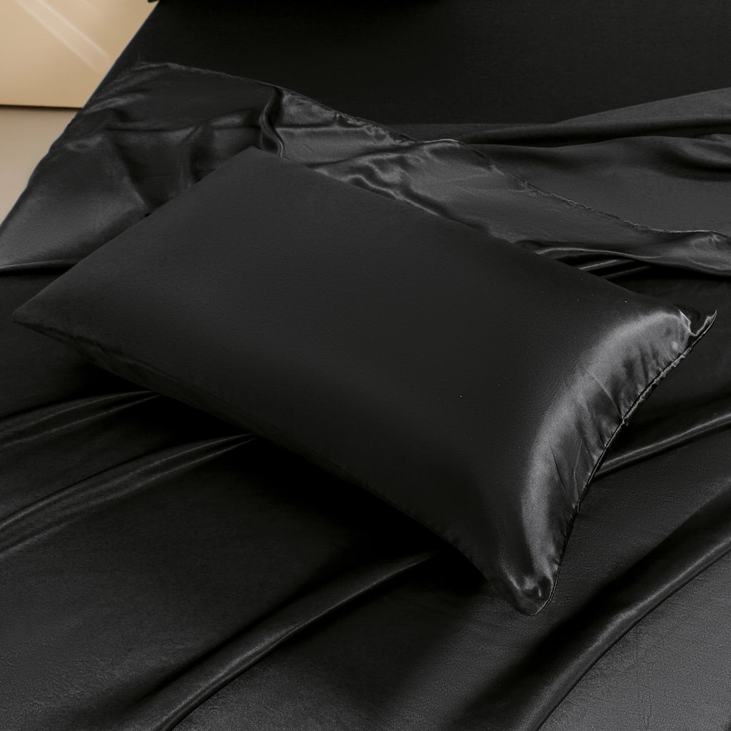 Premium Egyptian Cotton 4Pcs Black Satin Sheets Queen Set Silk Sheets 13" Deep Pocket Ultra Soft silky Bed Sheet Set - Breathable Egyptian Cotton Flat & Fitted Sheets Detail