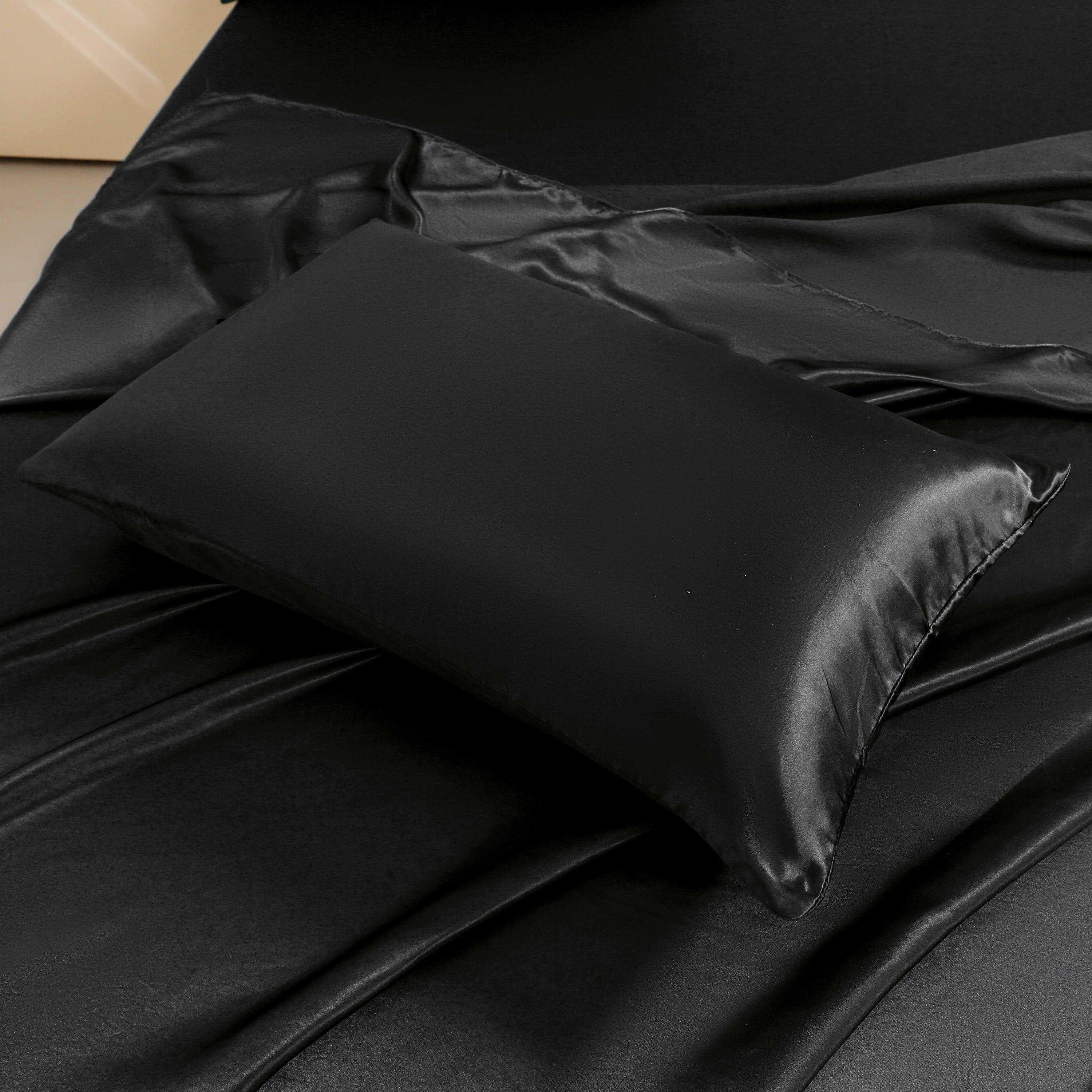 Premium Egyptian Cotton 4Pcs Black Satin Sheets Queen Set Silk Sheets 13" Deep Pocket Ultra Soft silky Bed Sheet Set - Breathable Egyptian Cotton Flat & Fitted Sheets Detail