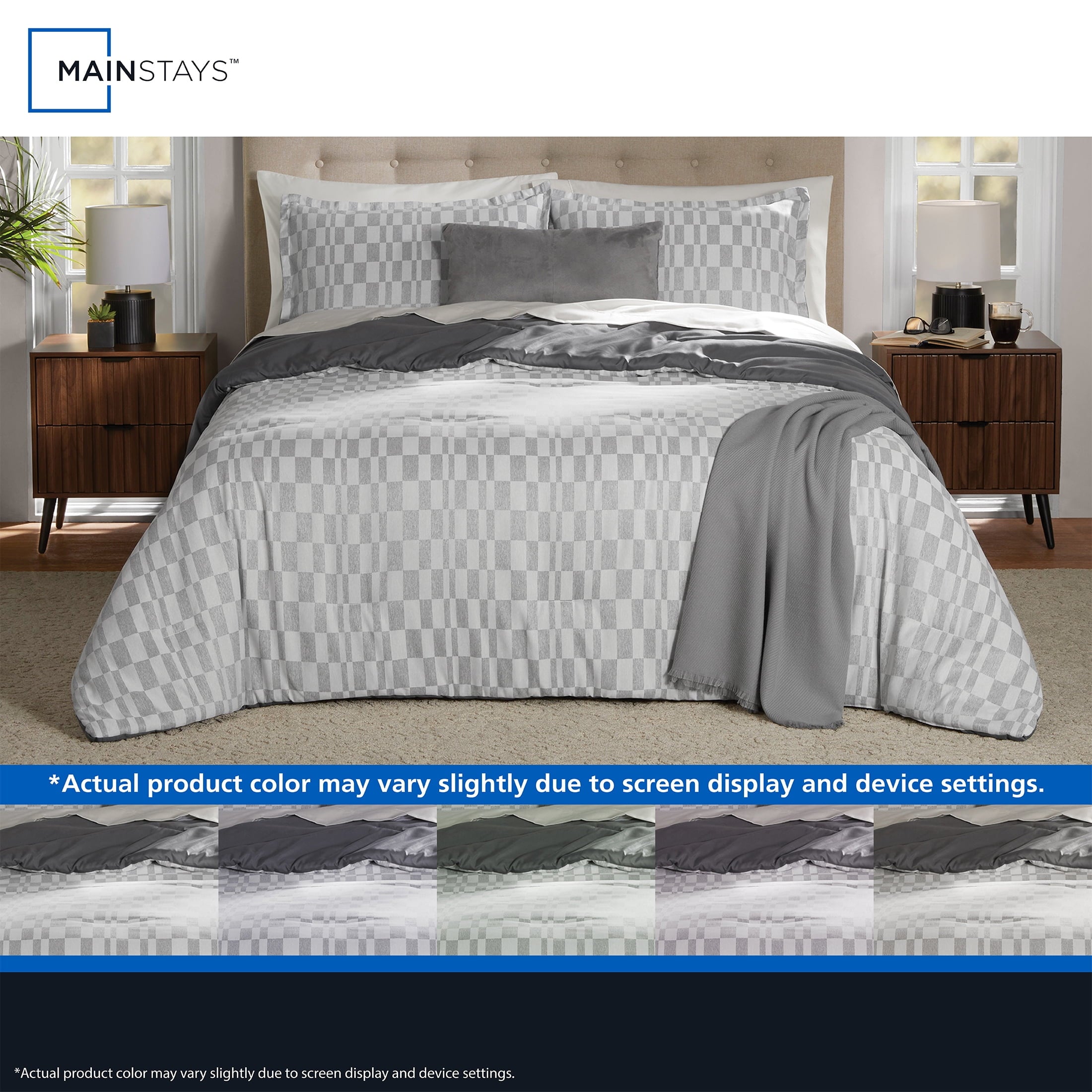 Luxurious Quilted Full/Queen Comforter Set, All-Season, 5-Piece, Soft Silver Check - Cloud-Like Soft Lightweight Bed Comforter Detail