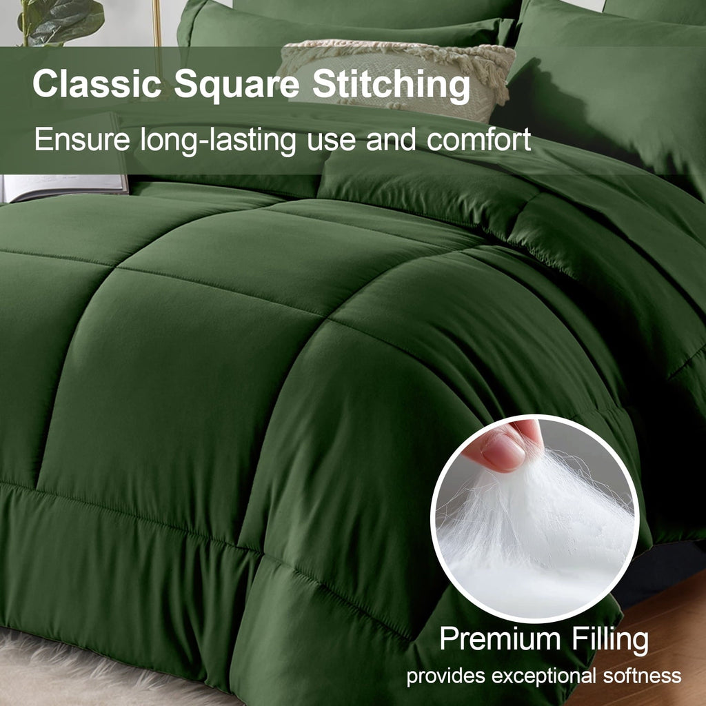 Fluffy Down Alternative Queen Comforter Set Forest Green Bed in a Bag Queen Size 7 Pieces Soft Bed Set Lightweight Microfiber Green Bedding C... - Hypoallergenic Ultra-Fluffy Quilt for Winter Detail