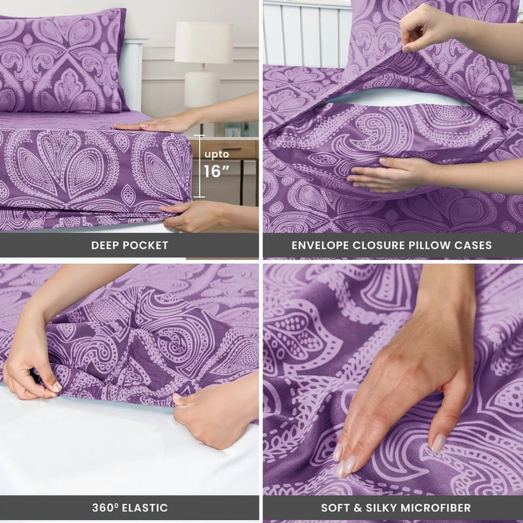 Ultra-Soft Paisley Printed Queen Bed Sheets Set, Microfiber 6 Piece Bedding Set - Purple - Luxury Bed Sheet Set with Deep Pockets Detail