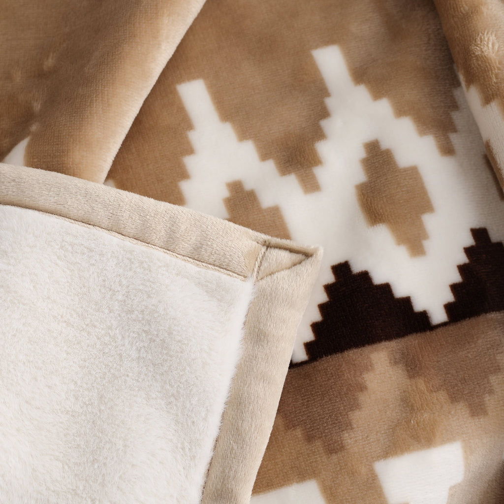Lightweight Warm Printed Velvet Plush Reverse to Faux Fur Super Soft Throw Blanket, Oversized, Linder Border Beige - Luxury Knitted Decorative Throw Blanket with Fringes Detail