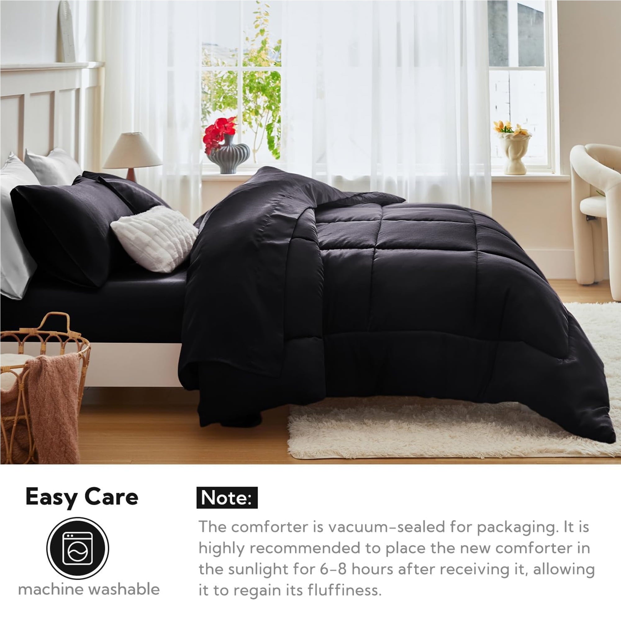 Luxurious Quilted Reversible Satin Microfiber Comforter 3 Pieces Queen Size, Black Queen Comforter Set for All Seasons, Silky Soft Sati... - Hypoallergenic Ultra-Fluffy Quilt for Winter Detail