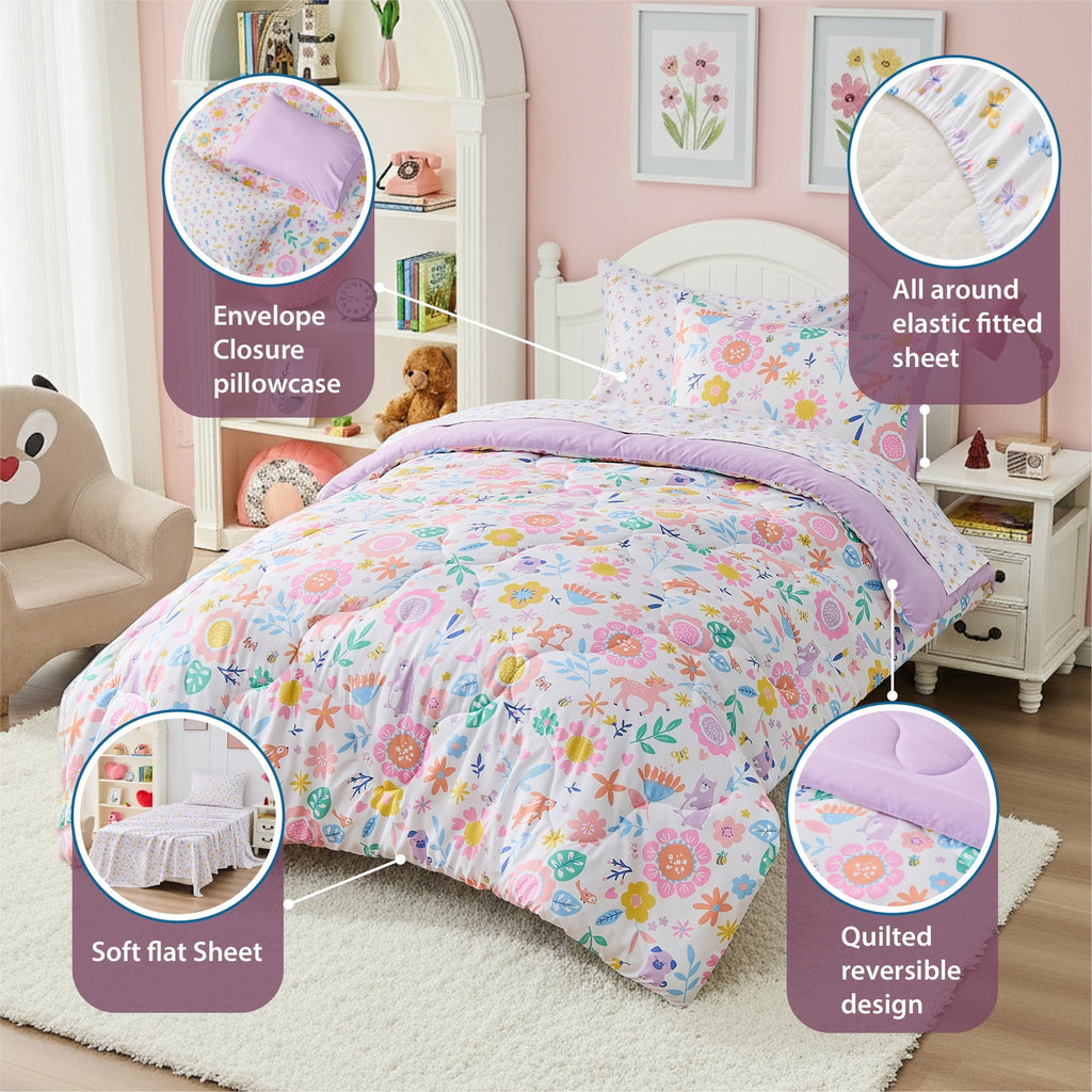 Heavyweight Warmth Floral Comforter Set, Soft Microfiber Flower Bedding Set, 5 Pieces with Comforter, Sheets and Pillowcases, Twin - Luxurious Quilted Duvet Cover Set Detail