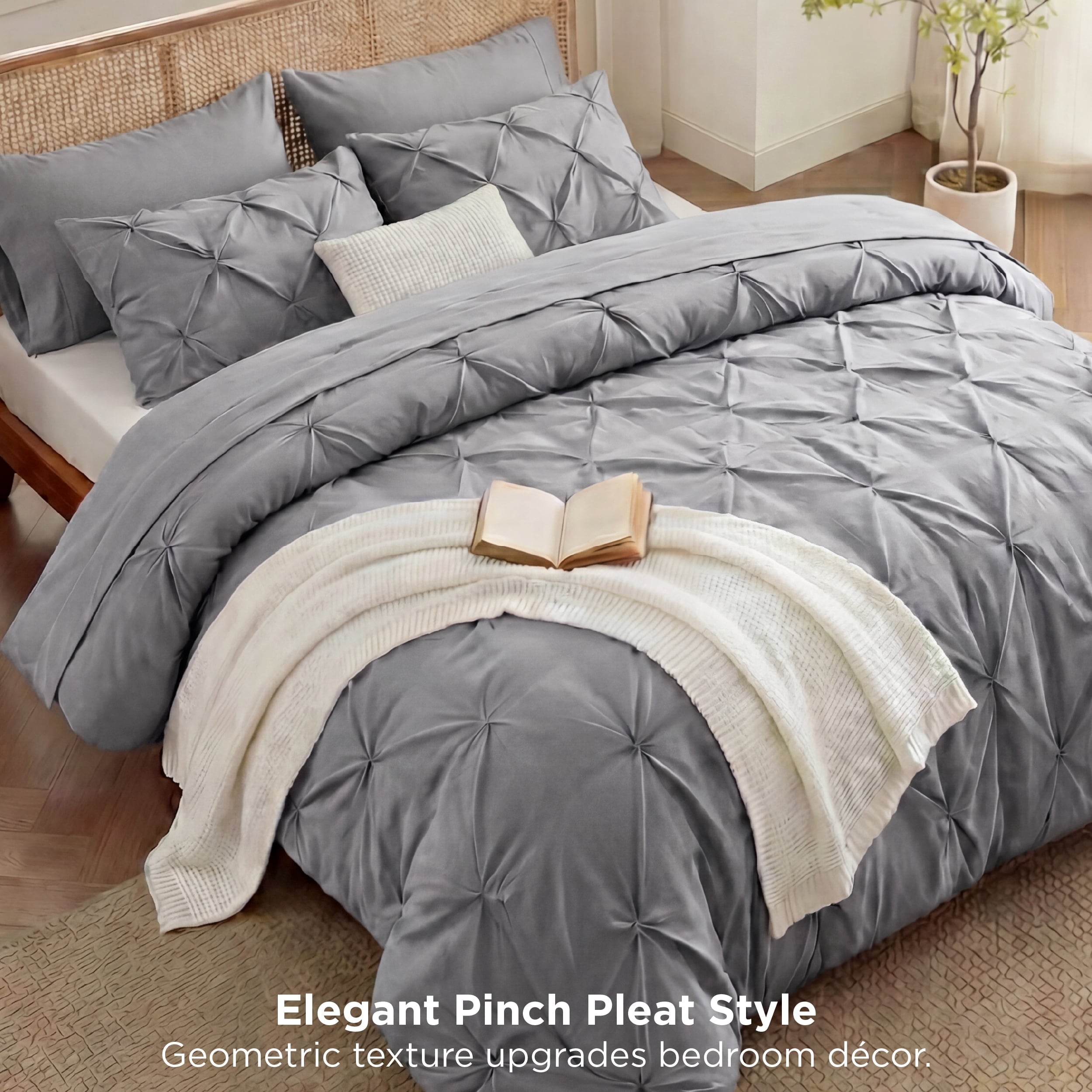 Hypoallergenic Cloud Queen Comforter Set Grey, Bed in a Bag Queen Size Bedding, 7 Pieces Pinch Pleat All Season Comforter - Cloud-Like Soft Lightweight Bed Comforter Detail
