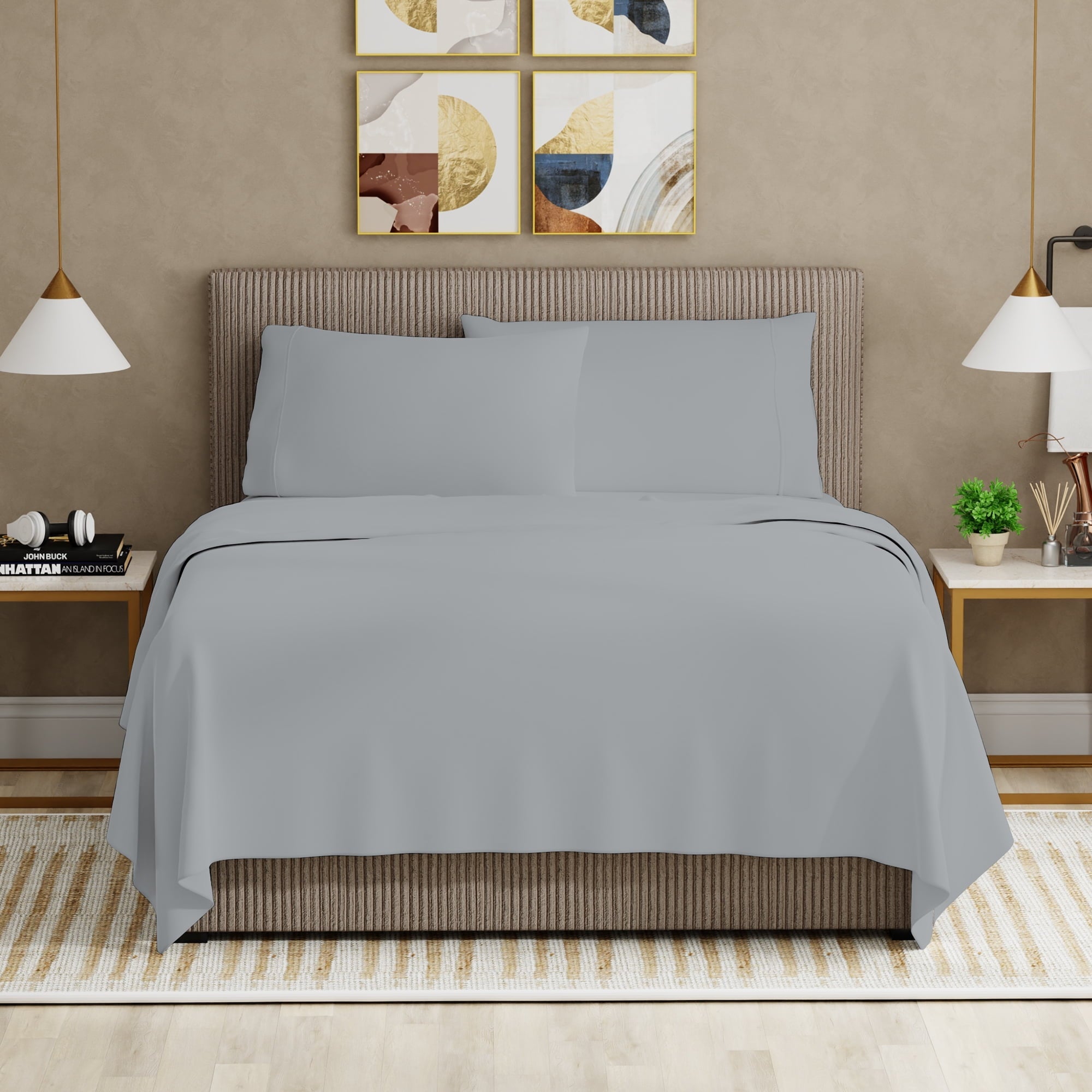Premium Egyptian Cotton Soft Finish Microfiber Percale Queen Bed Sheet Set – 4-Piece Lightweight, Wrinkle-Resistant, Quick-Dry, Light Gray - Cooling Hotel Quality Bedding Sheets and Pillowcases Detail