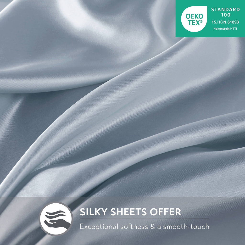 Premium Egyptian Cotton Satin Sheet Set, Twin Bed Sheets with Pillowcases, 4-Piece Luxury Silky Sheet Set, Blue, Gifts for Women - Cooling Hotel Quality Bedding Sheets and Pillowcases Detail