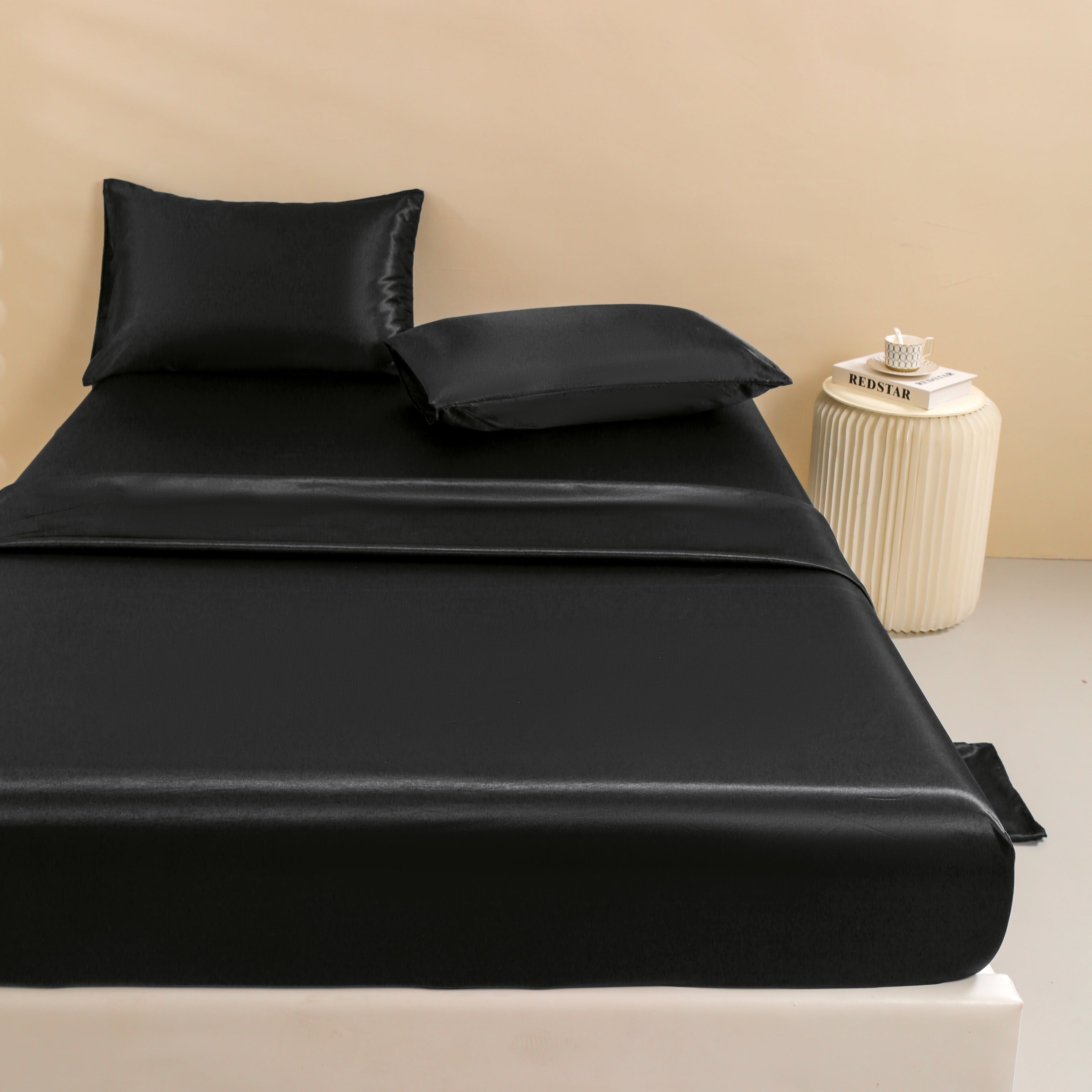 Premium Egyptian Cotton 4Pcs Black Satin Sheets Queen Set Silk Sheets 13" Deep Pocket Ultra Soft silky Bed Sheet Set - Breathable Egyptian Cotton Flat & Fitted Sheets Detail
