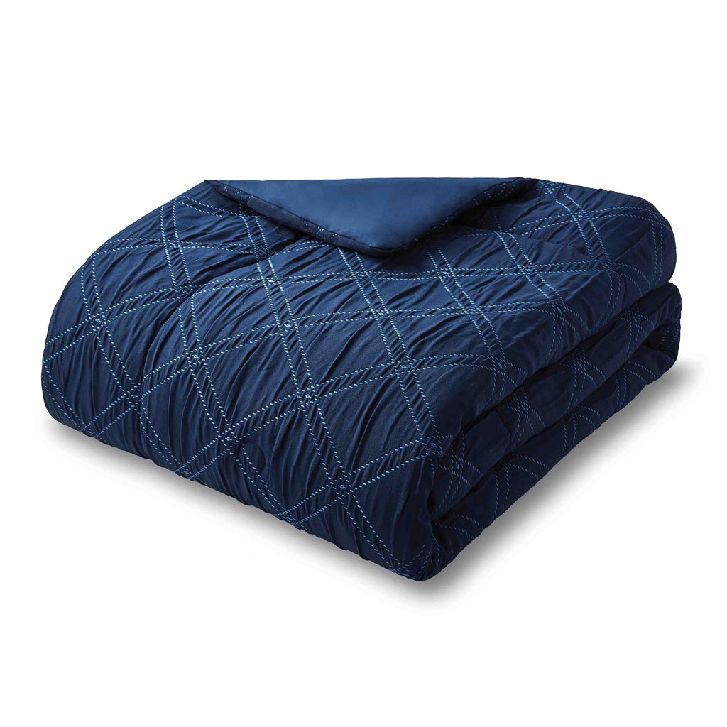 Hypoallergenic Cloud 5-Piece Reversible Comforter Set Navy Cross Stitch Bedding with Decor Pillow and Throw, Full/Queen - Luxurious Quilted Duvet Cover Set Detail