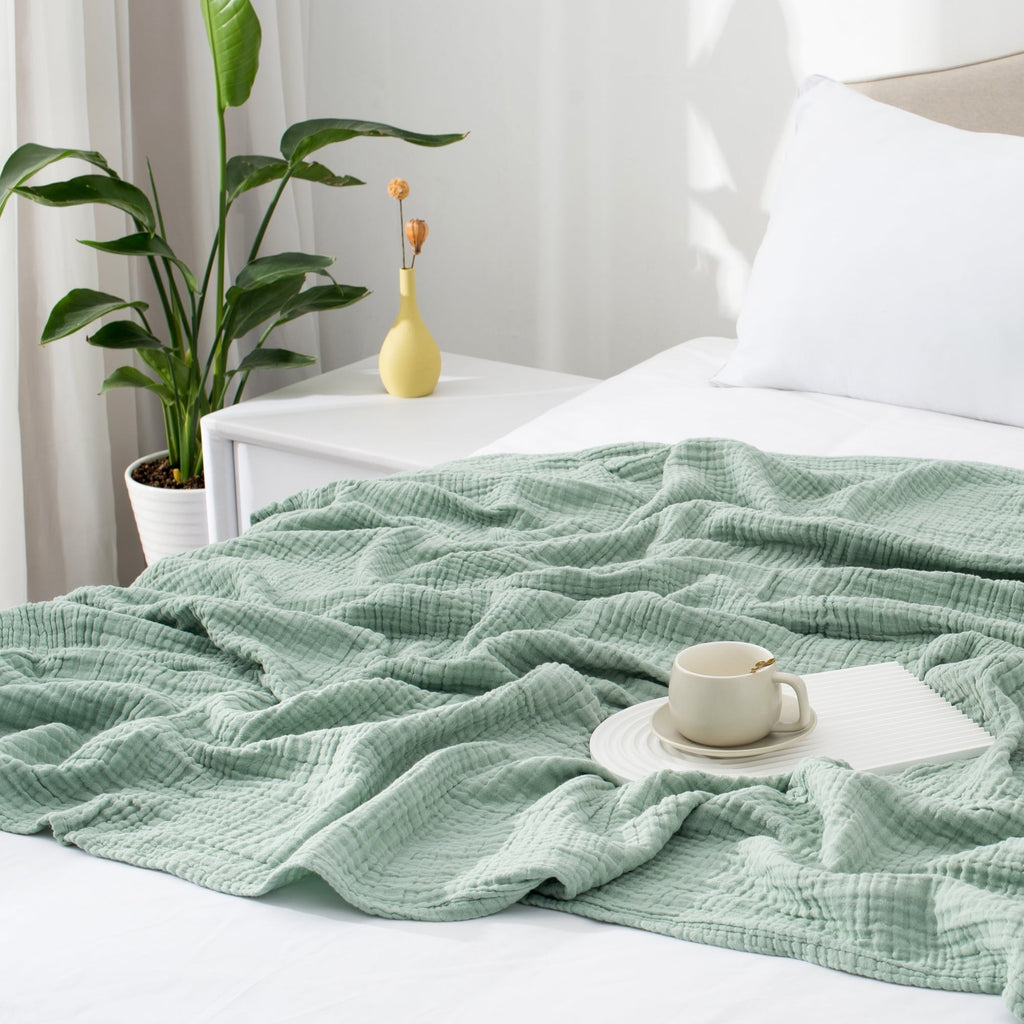 Reversible Sherpa 100% Cotton Muslin Throw Blanket Gauze Blankets for Adults Soft Throws for Bed and Couch, 50" x 70" Sage Green - Cozy Fleece Throw Blanket for Couch & Bed Detail