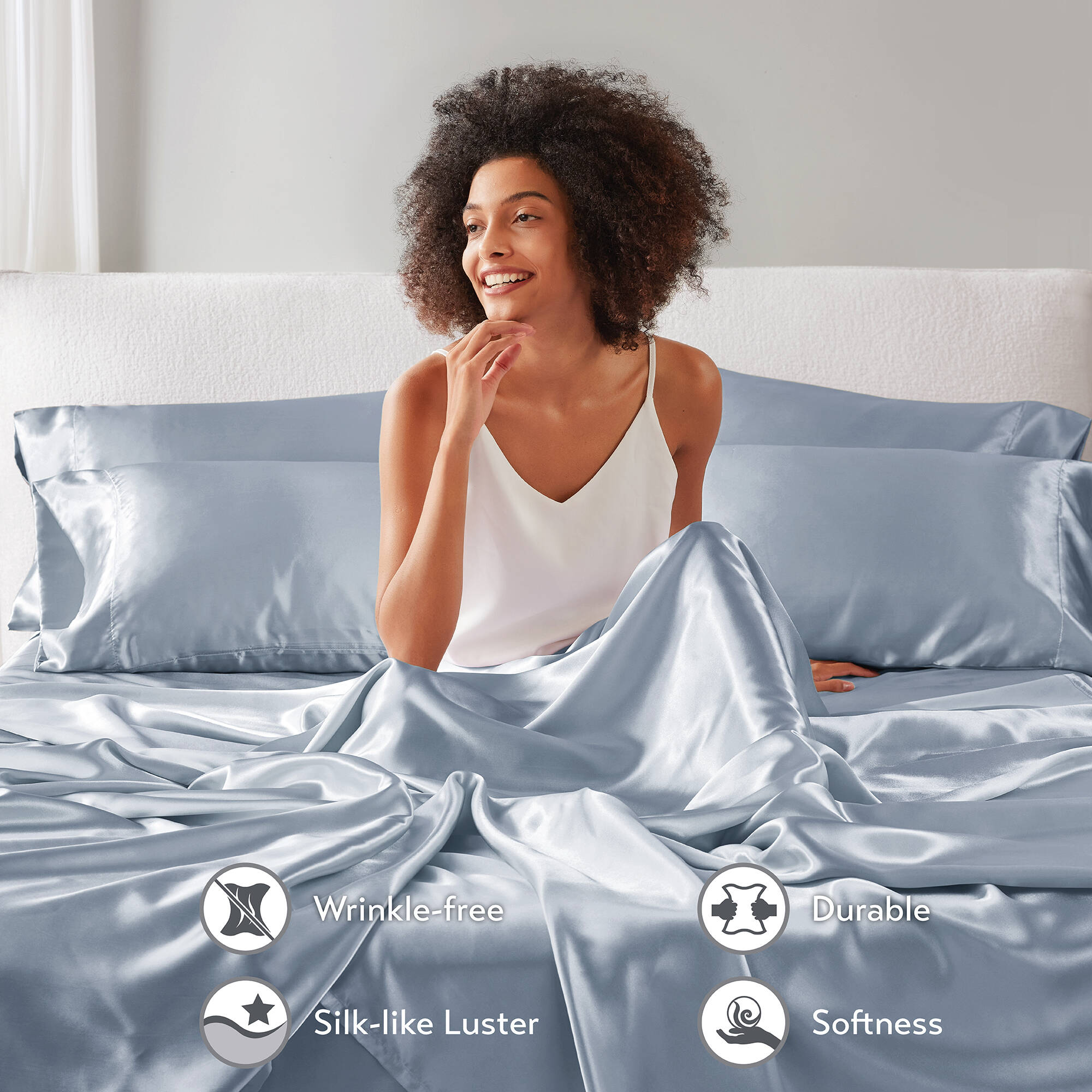 Premium Egyptian Cotton Satin Sheet Set, Twin Bed Sheets with Pillowcases, 4-Piece Luxury Silky Sheet Set, Blue, Gifts for Women - Cooling Hotel Quality Bedding Sheets and Pillowcases Detail