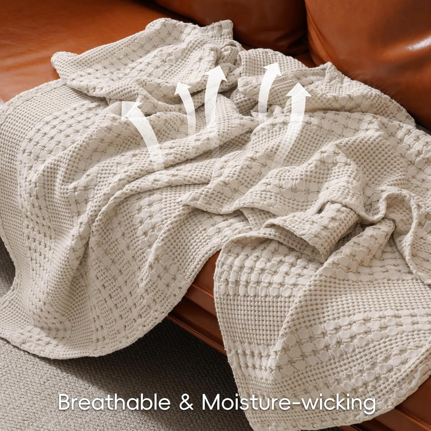 Reversible Sherpa 100% Cotton Waffle Weave Blanket, Lightweight Throw Washed Blanket for Bed Sofa Home Decor, Oatmeal, 50"x60" - Luxury Knitted Decorative Throw Blanket with Fringes Detail