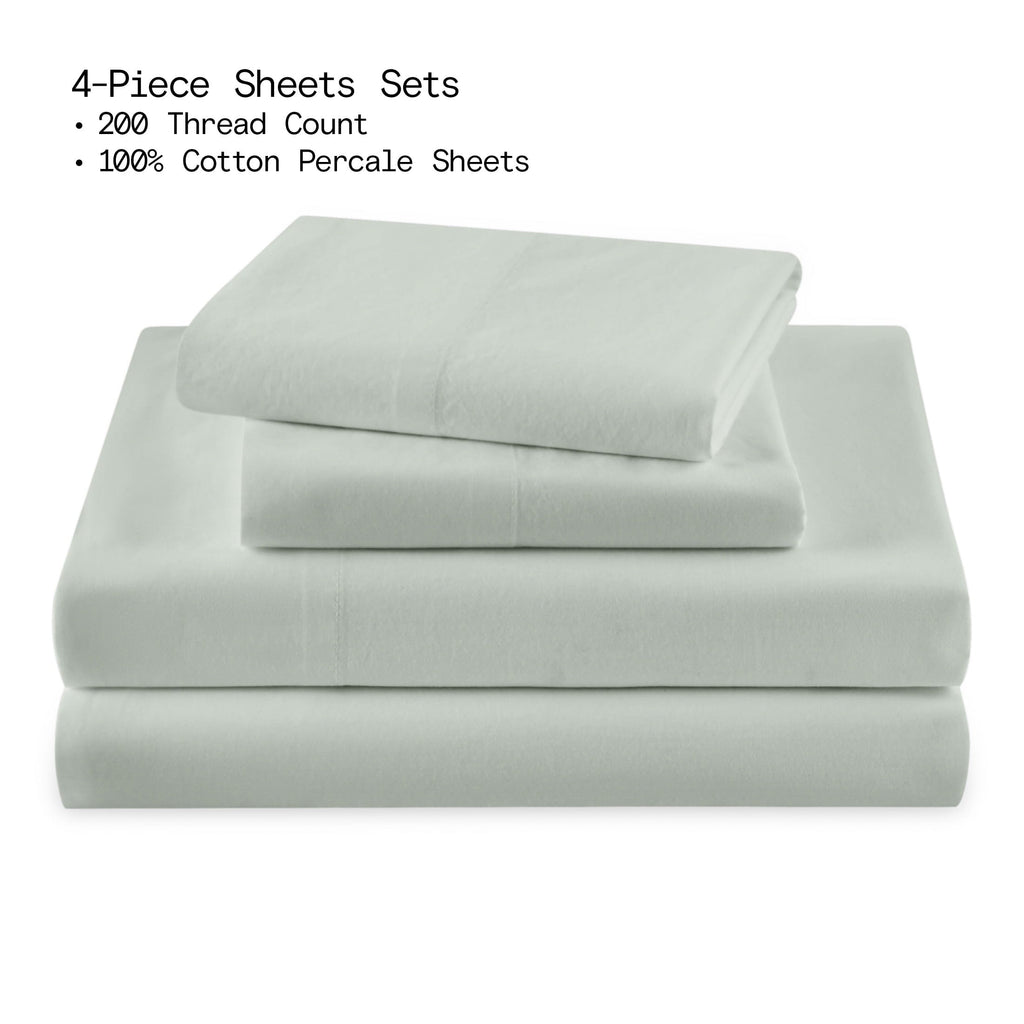 Premium Egyptian Cotton Solid 4-Piece 100% Cotton Washed Percale Sage Green Sheet Set, Full - Premium Ultra-Soft Pillowcase Pair for Sleeping Detail