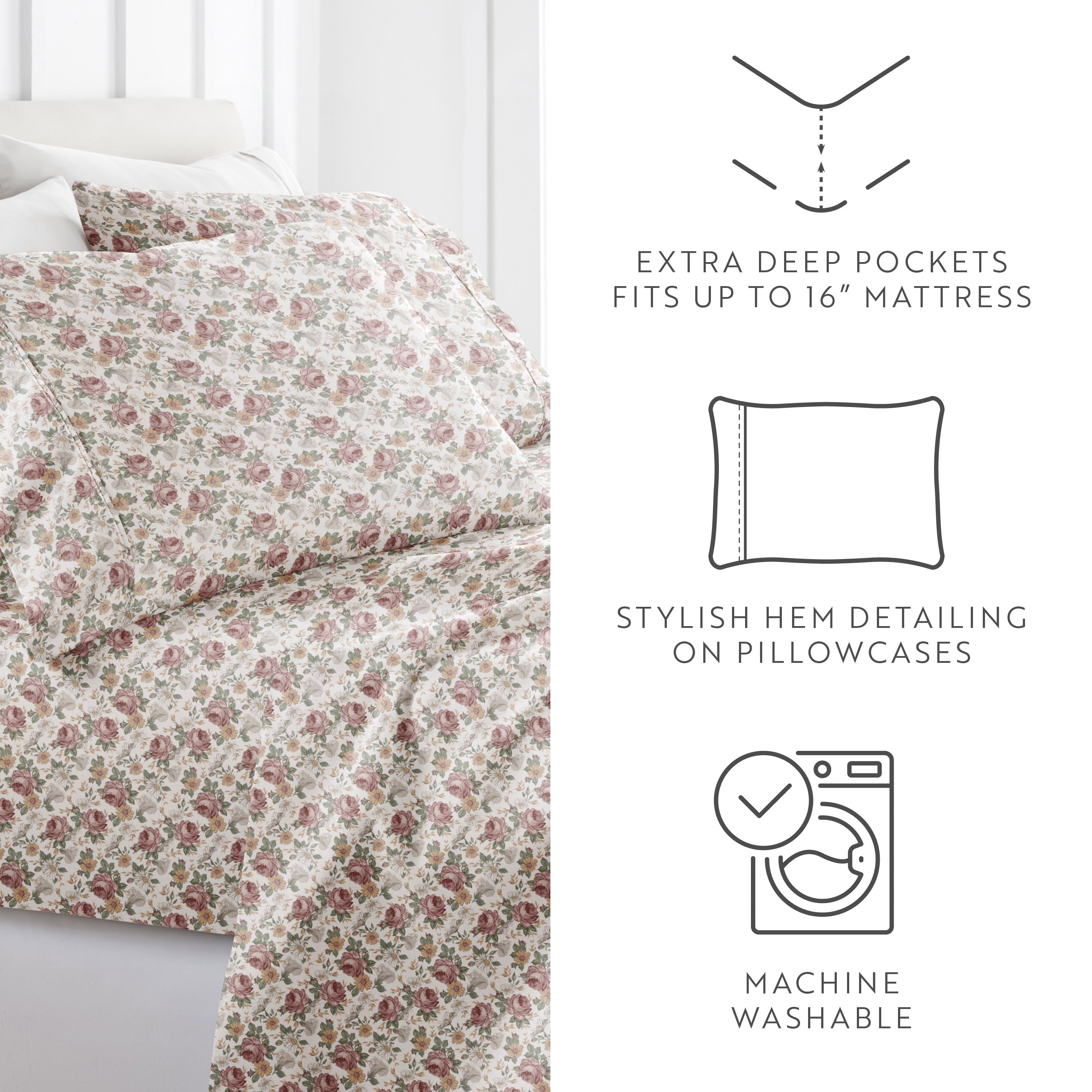Breathable Luxury 4 Piece Pattern Microfiber Bed Sheets Set, Blooming Floral Rose, Queen - Premium Ultra-Soft Pillowcase Pair for Sleeping Detail