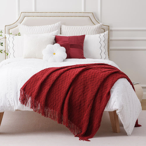 Cozy Fleece Dark Red Blanket for Couch,Burgundy Knit Throw Blanket for Bedroom,Christmas Throw,50"x60" - Luxury Knitted Decorative Throw Blanket with Fringes Detail