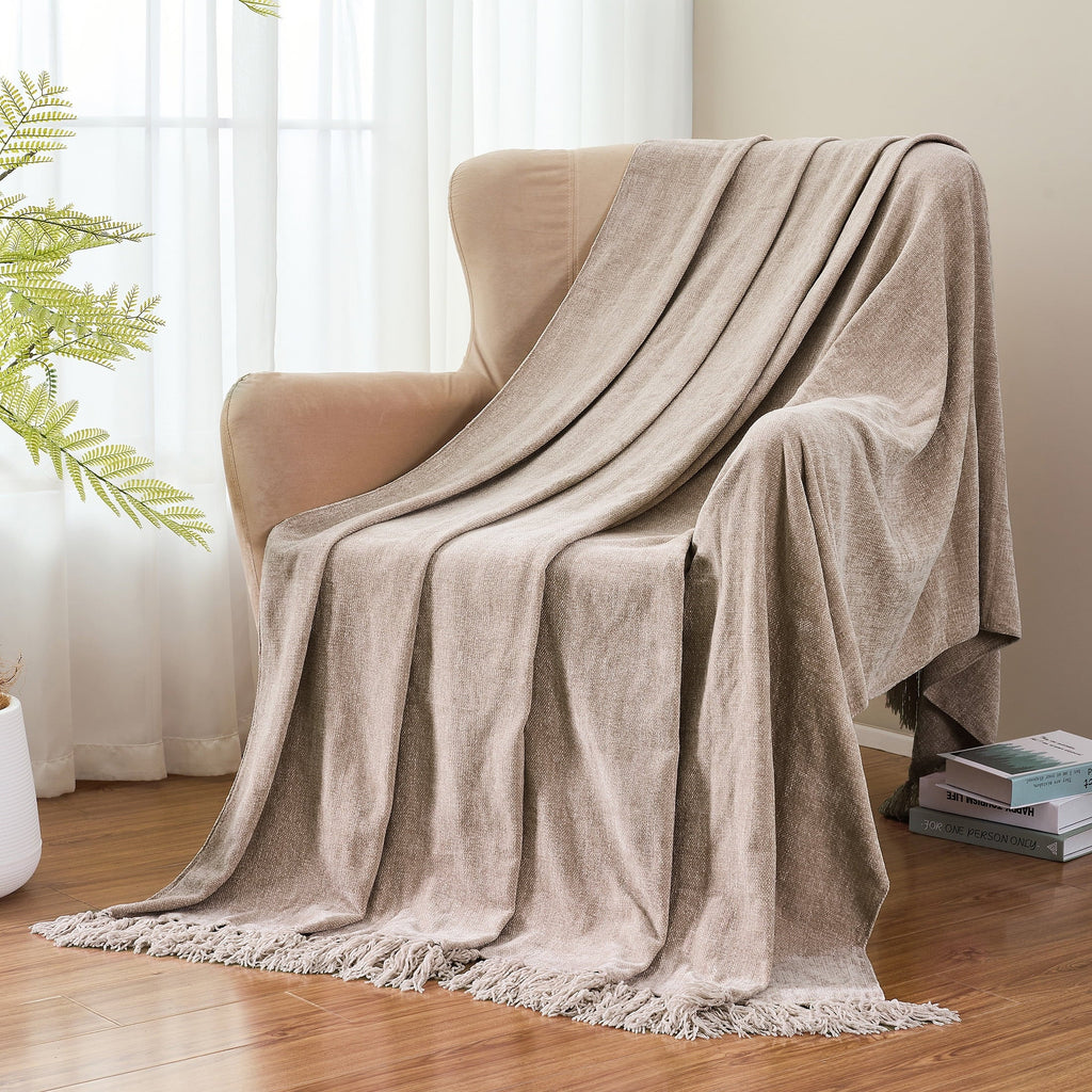 Decorative Knitted Chenille Throw Blanket with Fringe Tassel for Couch Sofa Chair Bed, Taupe 50" X 60" - Super Soft Reversible Sherpa Flannel Blanket Detail