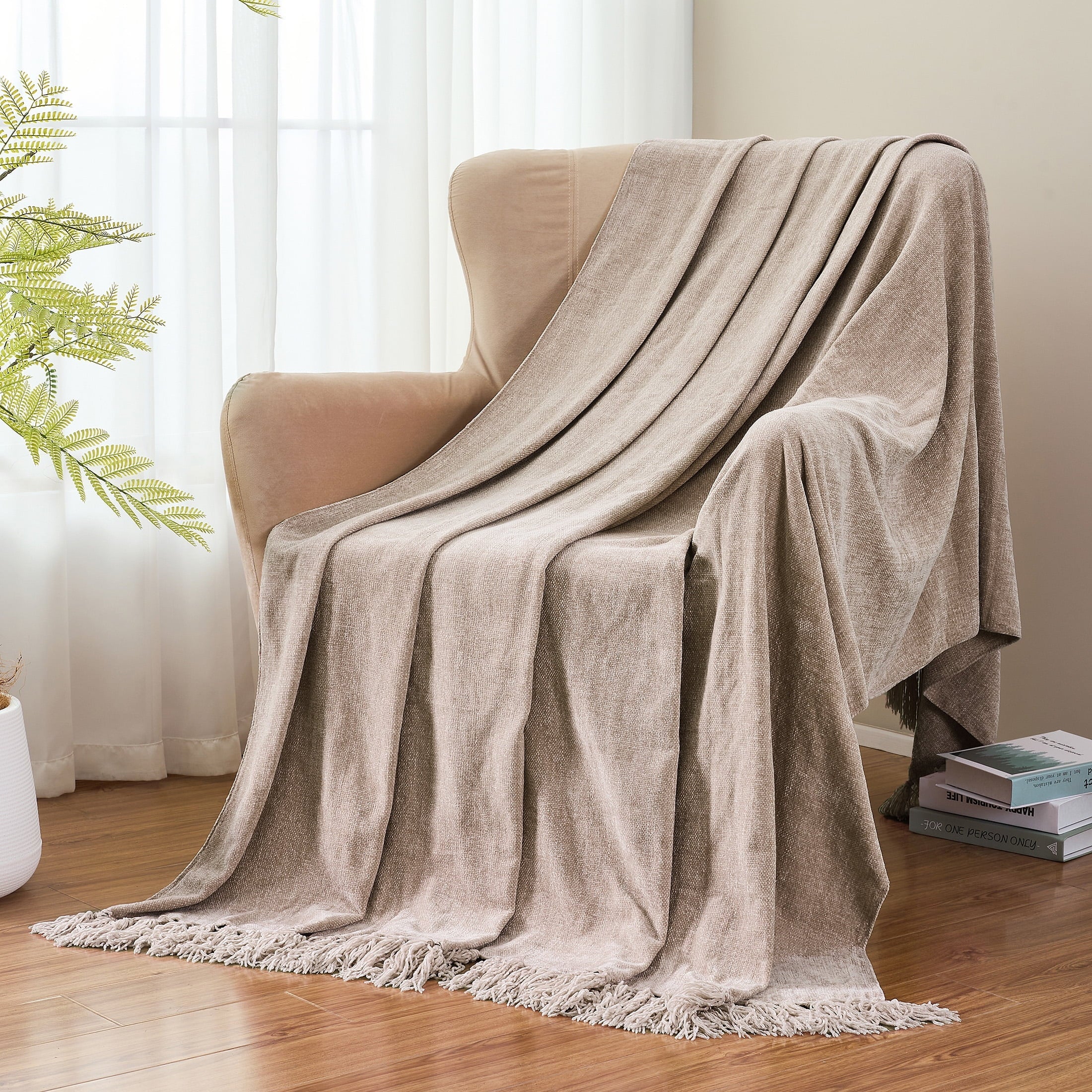 Decorative Knitted Chenille Throw Blanket with Fringe Tassel for Couch Sofa Chair Bed, Taupe 50" X 60" - Super Soft Reversible Sherpa Flannel Blanket Detail