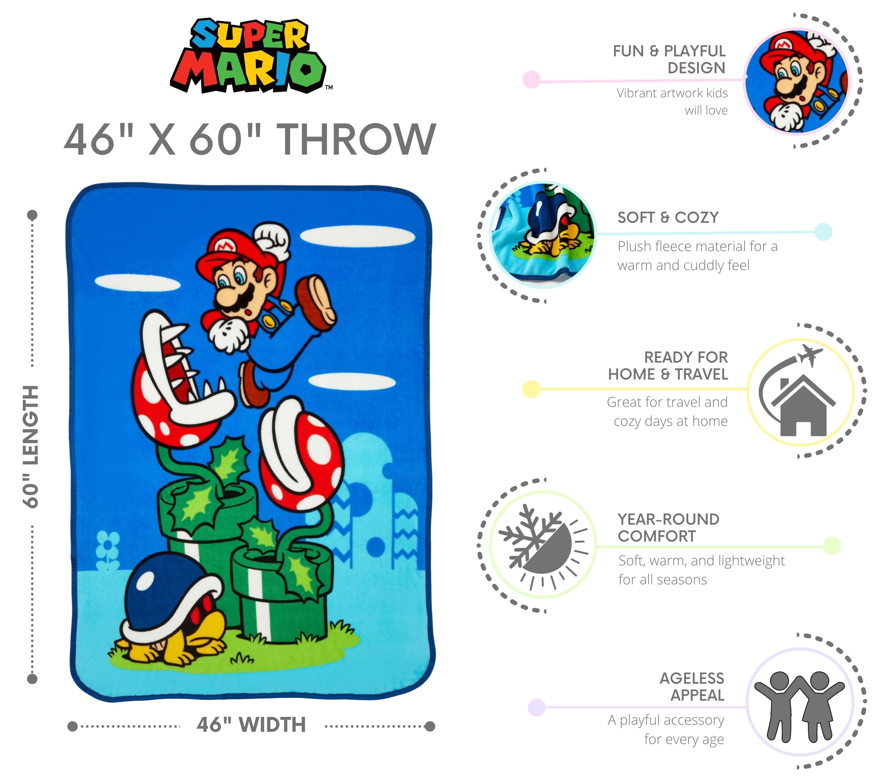 Decorative Knitted Kids Fleece Throw Blanket 46x60, Nintendo - Cozy Fleece Throw Blanket for Couch & Bed Detail