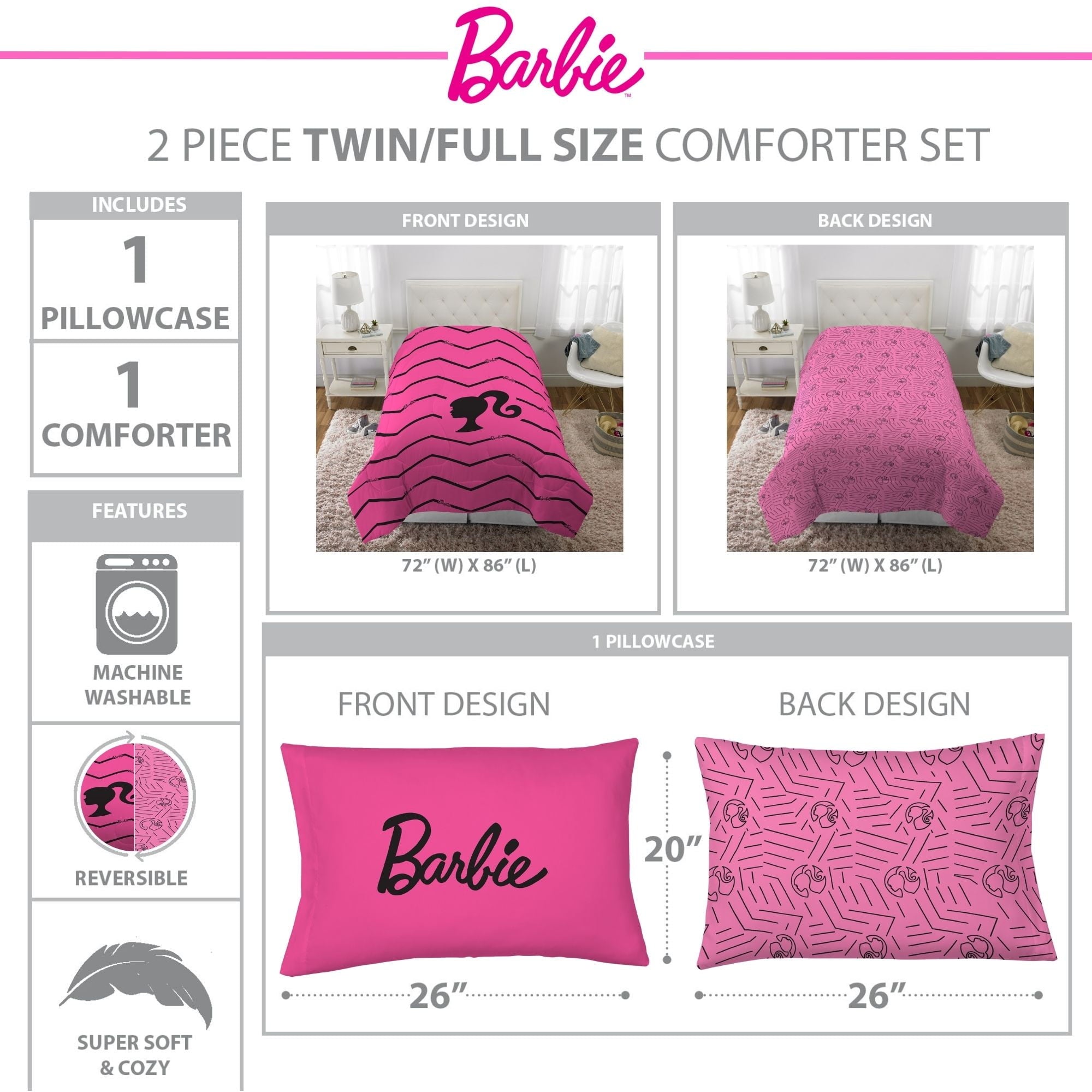 Luxurious Quilted Kids 2 Piece Pink Black Chevron Reversible Comforter and Pillowcase set, Twin/full - Cloud-Like Soft Lightweight Bed Comforter Detail