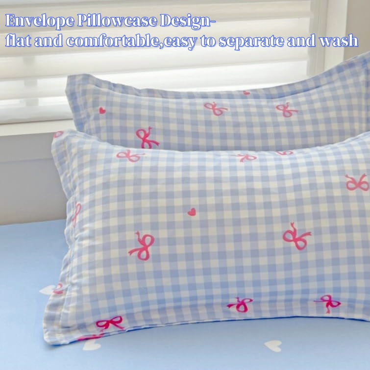 All-Season 3-Piece Blue Plaid Pink Bows Comforter Full Set , Cute Soft Bedding Set for Kids Adults - All-Season Down Alternative Comforter Insert Detail