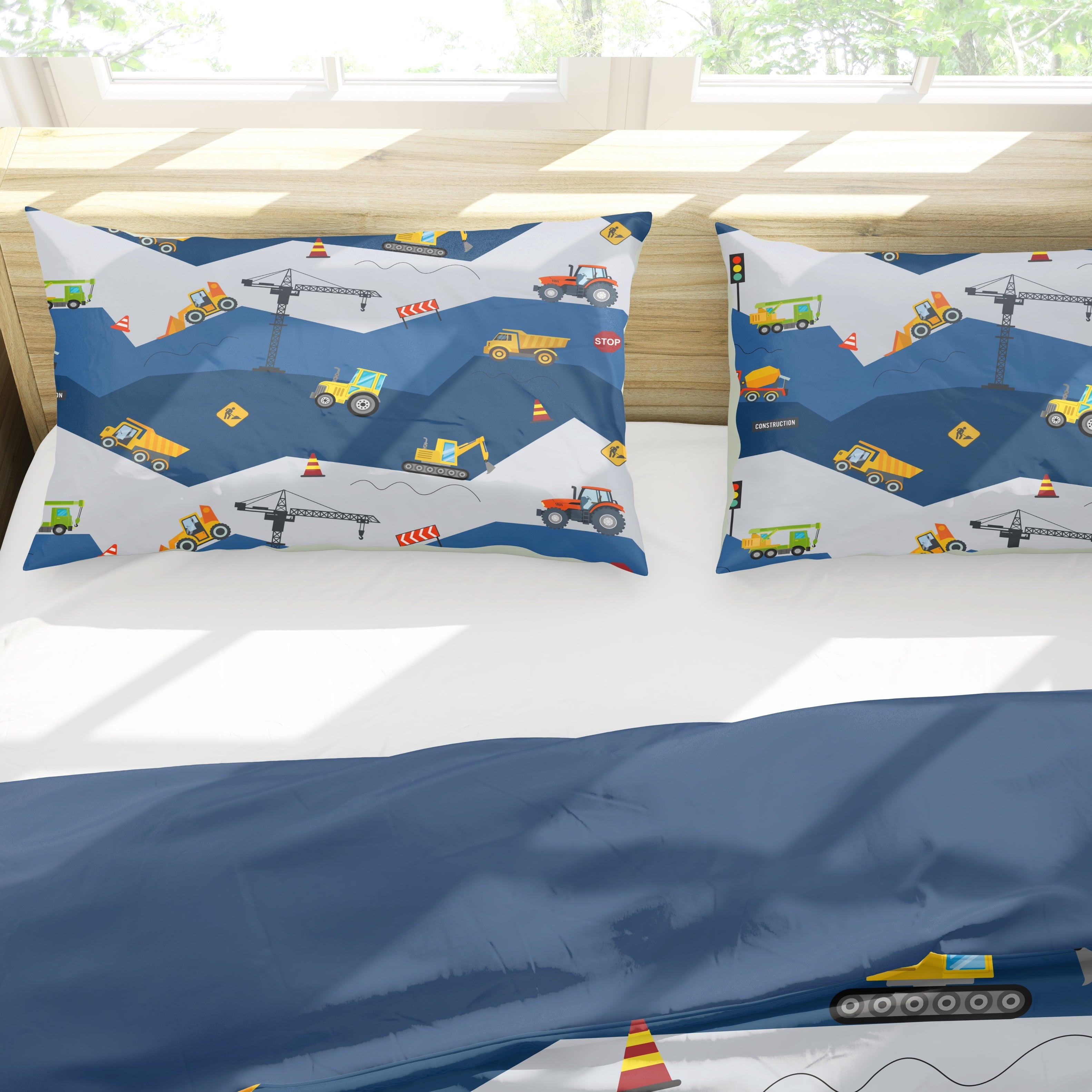 Luxurious Quilted Car Comforter Set Construction Bedding Set for Boys Kids Trucks Comforter Cartoon Car Excavator Tractor Blue 3Pcs Twin - Luxurious Quilted Duvet Cover Set Detail