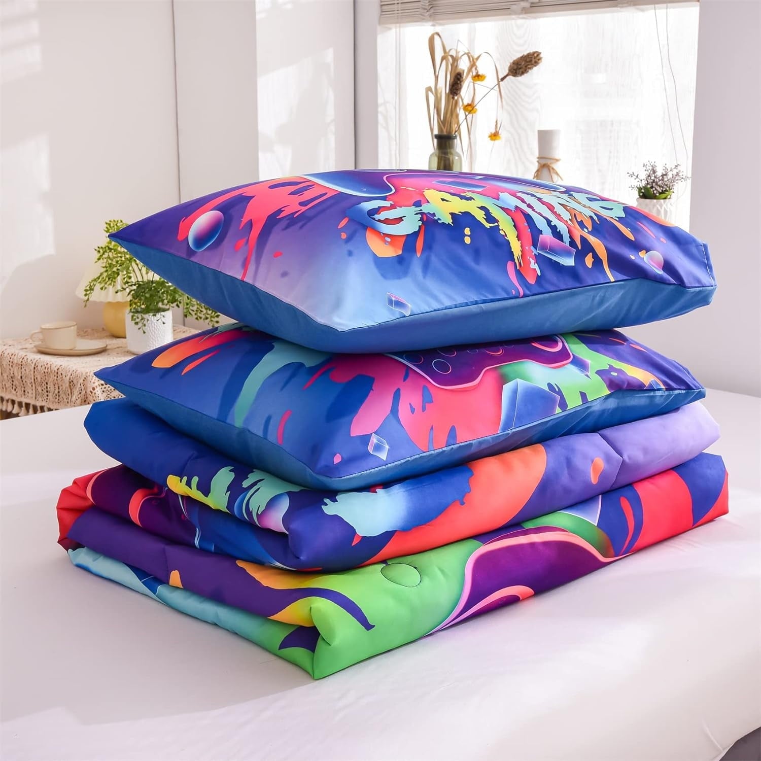 All-Season Purple Queen Gaming Comforter Sets for Boys Kids Bedding Sets Colorful Games Console Gamer Quilt Set - Hypoallergenic Ultra-Fluffy Quilt for Winter Detail