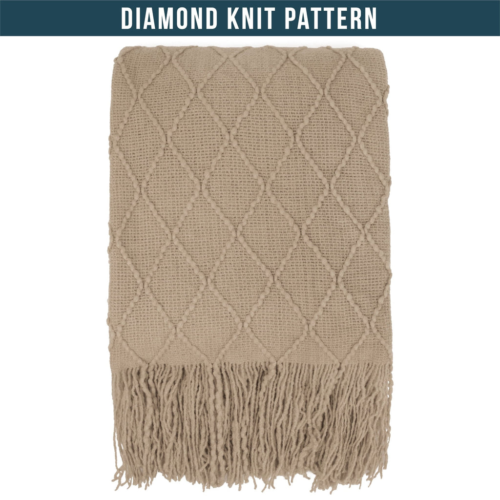 Lightweight Warm Tan Taupe Knit Throw Blanket for Couch Bed, Soft Knitted Farmhouse Sofa Throw for Living Room, Lightweight Decorative... - Luxury Knitted Decorative Throw Blanket with Fringes Detail