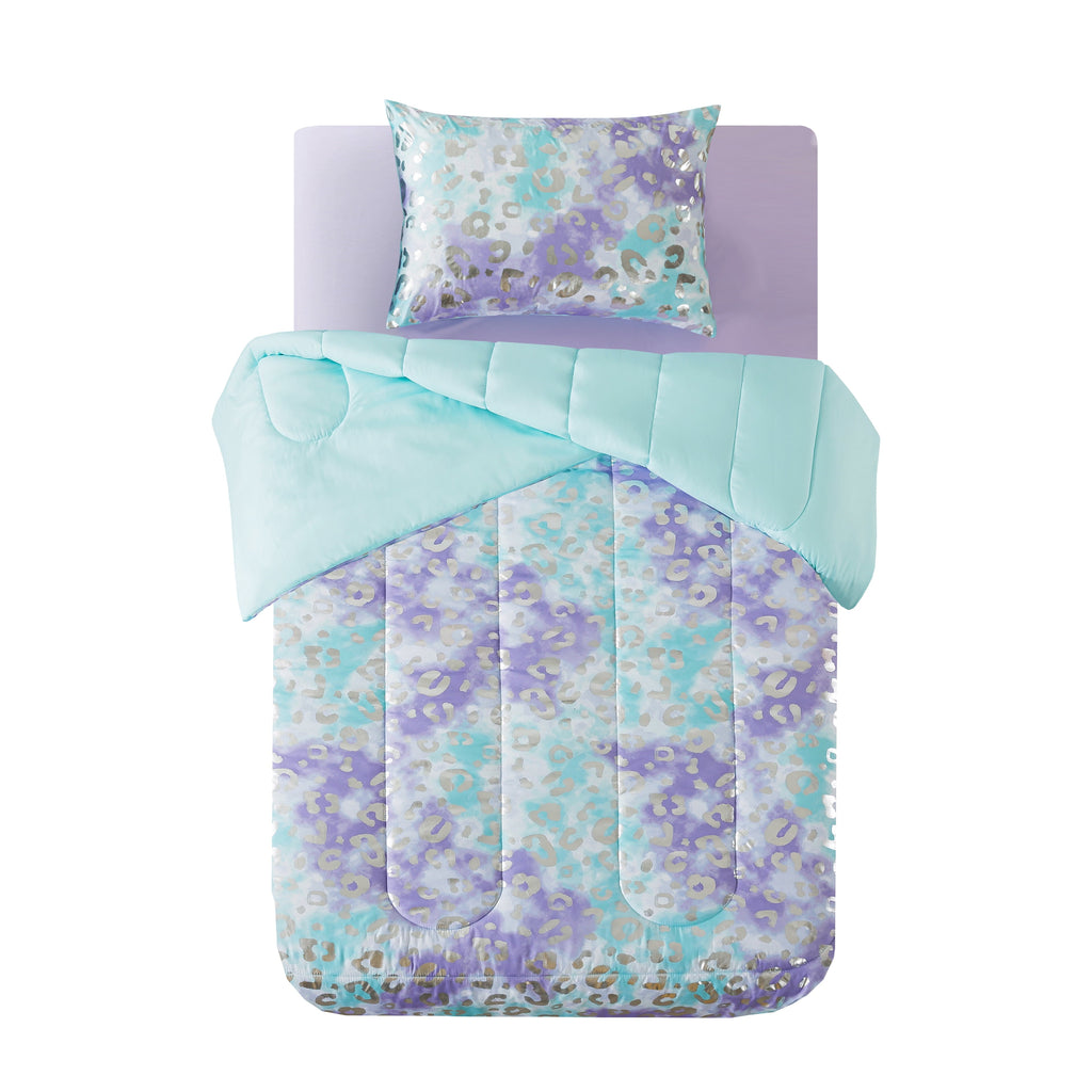 Fluffy Down Alternative 5-Piece Purple Metallic Foil Cheetah Bedding Set for Kids with Storage Bag, Twin - Hypoallergenic Ultra-Fluffy Quilt for Winter Detail