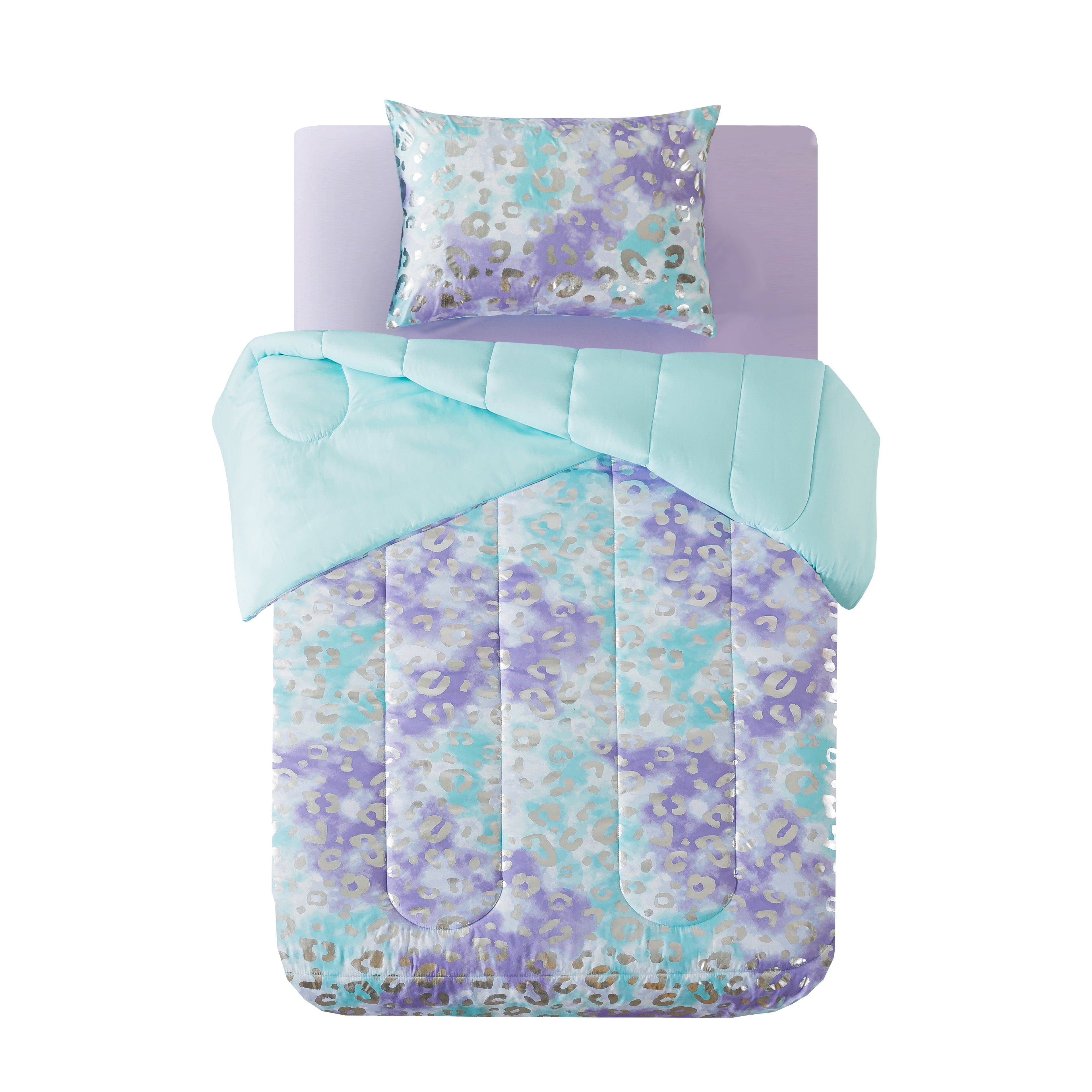 Fluffy Down Alternative 5-Piece Purple Metallic Foil Cheetah Bedding Set for Kids with Storage Bag, Twin - Hypoallergenic Ultra-Fluffy Quilt for Winter Detail
