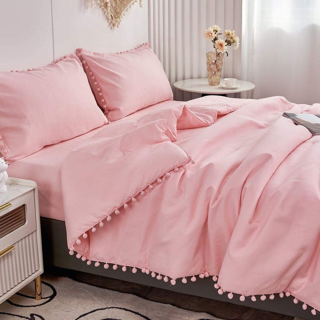 Fluffy Down Alternative Pink Full Size Comforter Set Pom Fringe 3 Pcs Boho Chic Cute Ball Pom Blush Bedding Set Cali Soft Lightweight Solid B... - Cloud-Like Soft Lightweight Bed Comforter Detail