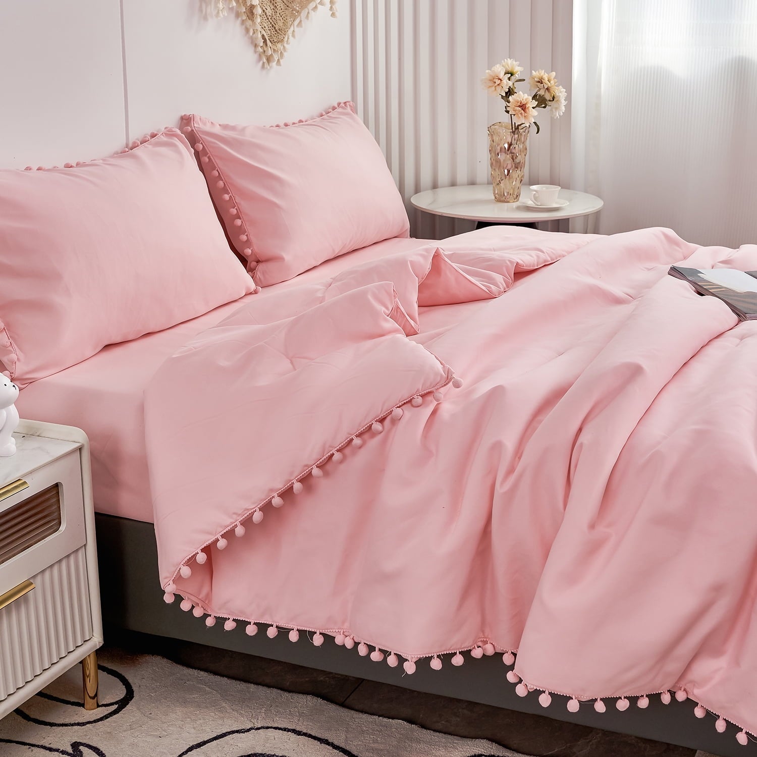 Fluffy Down Alternative Pink Full Size Comforter Set Pom Fringe 3 Pcs Boho Chic Cute Ball Pom Blush Bedding Set Cali Soft Lightweight Solid B... - Cloud-Like Soft Lightweight Bed Comforter Detail