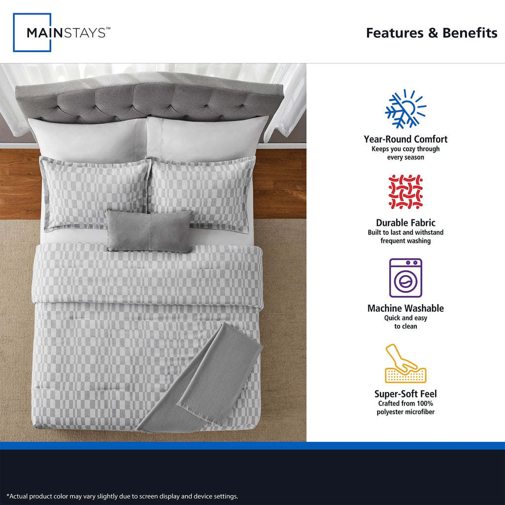 Luxurious Quilted Full/Queen Comforter Set, All-Season, 5-Piece, Soft Silver Check - Cloud-Like Soft Lightweight Bed Comforter Detail