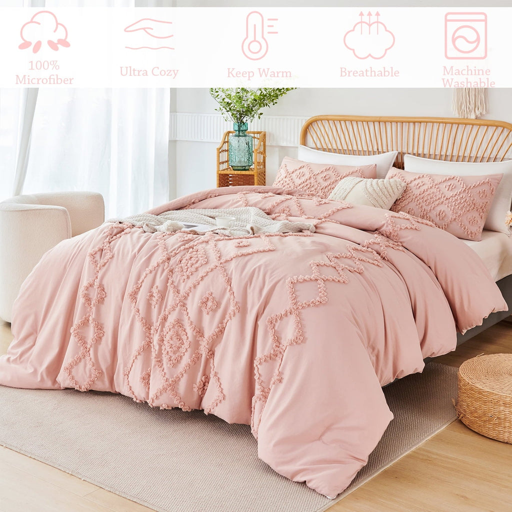 Fluffy Down Alternative Pink Diamond Jacquard Comforter Set Queen 3 Pcs Bohemian Tufts Quilt Set for Kids Girls Adult 100% Soft Microfiber Be... - All-Season Down Alternative Comforter Insert Detail