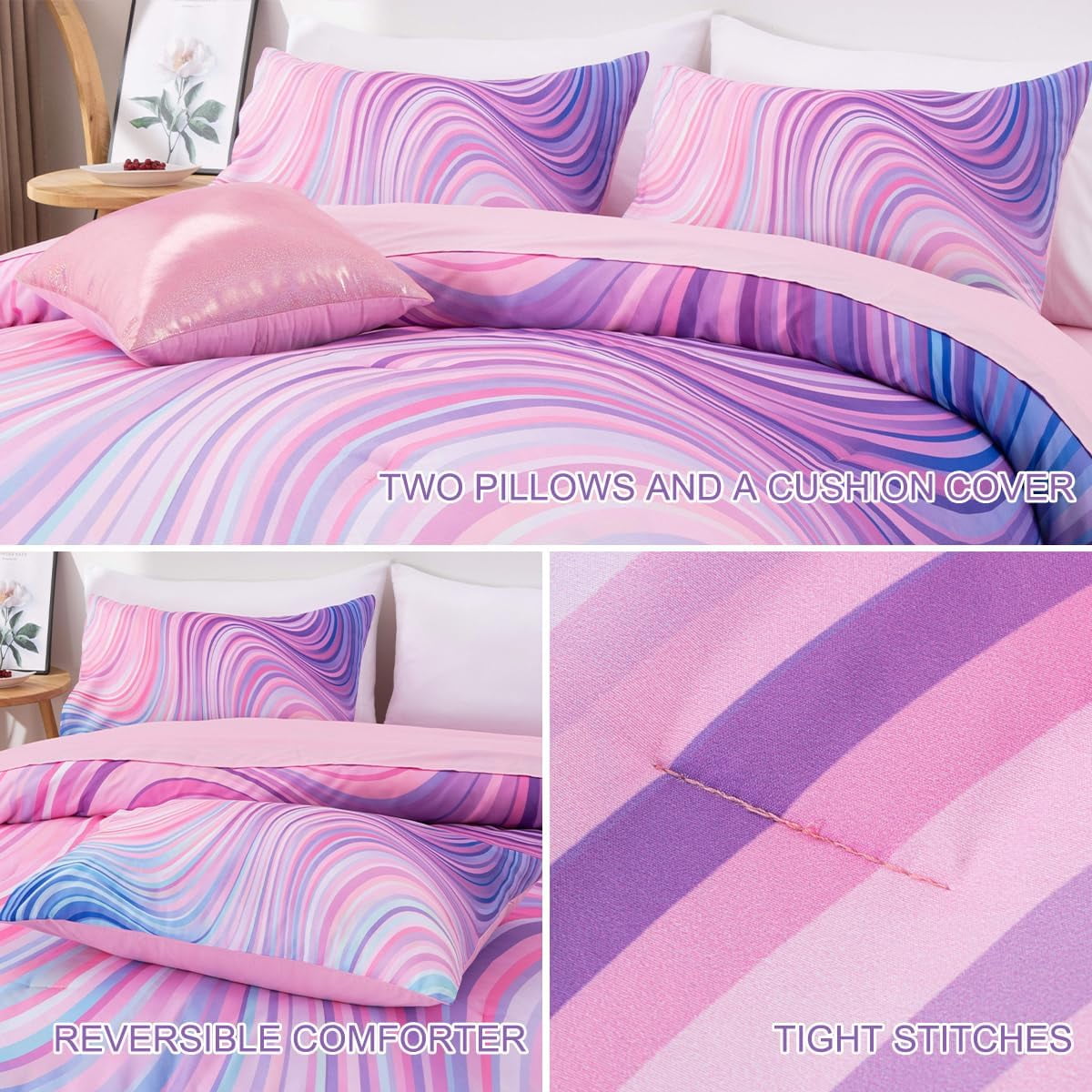 Fluffy Down Alternative 6 Pieces Gradient Star Ring Comforter Set, Colorful Glitter Rainbow Wave Stripes Pattern Bedding Set for Boys Girls T... - Hypoallergenic Ultra-Fluffy Quilt for Winter Detail