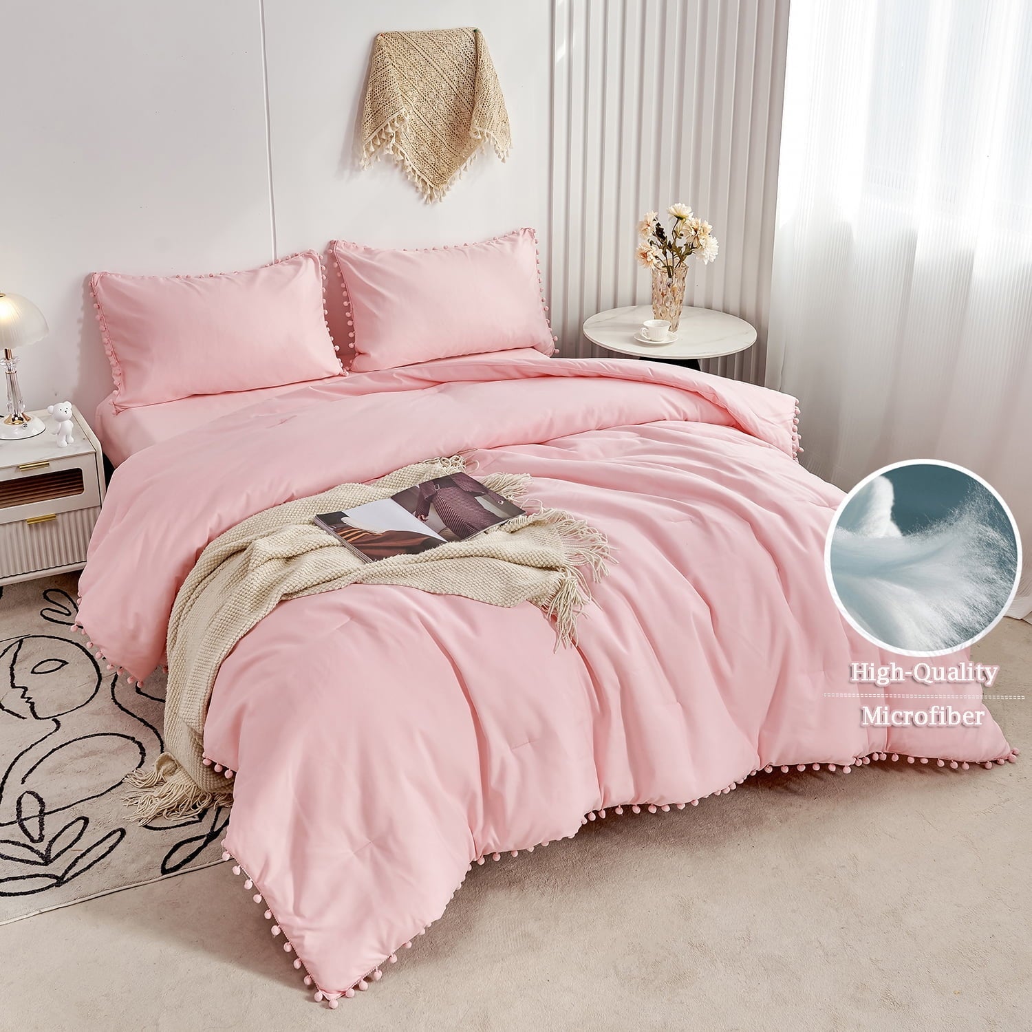 Fluffy Down Alternative Pink Full Size Comforter Set Pom Fringe 3 Pcs Boho Chic Cute Ball Pom Blush Bedding Set Cali Soft Lightweight Solid B... - Cloud-Like Soft Lightweight Bed Comforter Detail