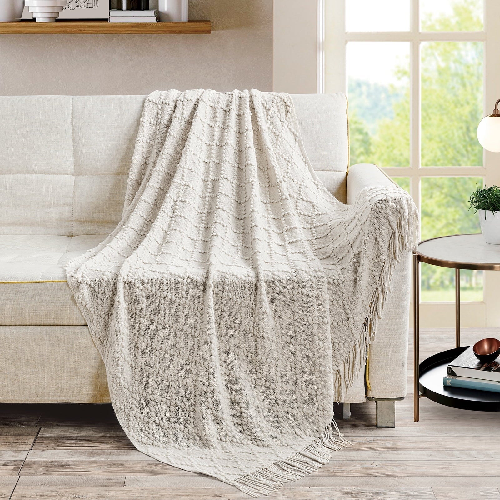 Super Soft Flannel Texture Pure Color Soft Throw Blanket and Sofa Or Bed Knitted Decorative Blanket 50 x70 inches Jacquard Diamond Beige... - Luxury Knitted Decorative Throw Blanket with Fringes Detail