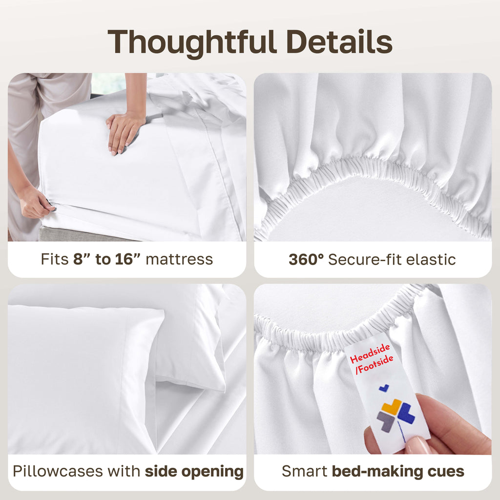 Cooling Sateen 500-Thread-Count 100% Cotton Sheet White Queen-Sheets Set, 4-Piece Extra Long-Staple Combed Cotton Bedding Sheets for... - Luxury Bed Sheet Set with Deep Pockets Detail