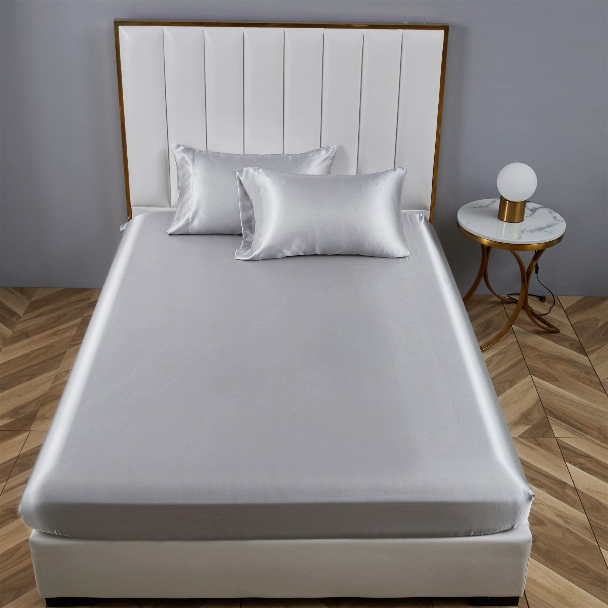 Ultra-Soft Satin Fitted Sheet King Size 14 Inch Deep Pocket Bed Sheet Silk Sheet Ultra Soft Machine Washable, Light Gray - Premium Ultra-Soft Pillowcase Pair for Sleeping Detail