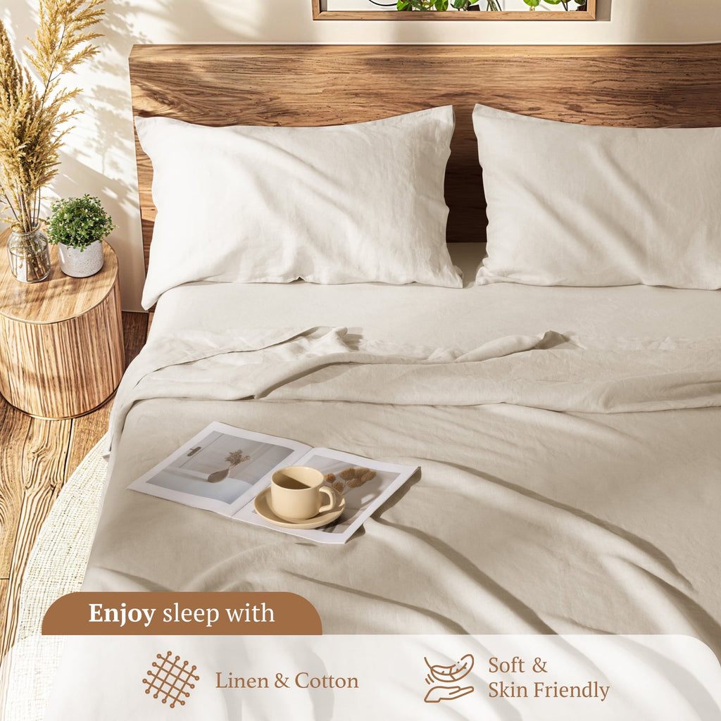 Ultra-Soft Natural Linen Cotton Bed Sheets Set, Deep Pocket - Breathable - Durable - 4 Pieces (Linen, Queen) - Cooling Hotel Quality Bedding Sheets and Pillowcases Detail