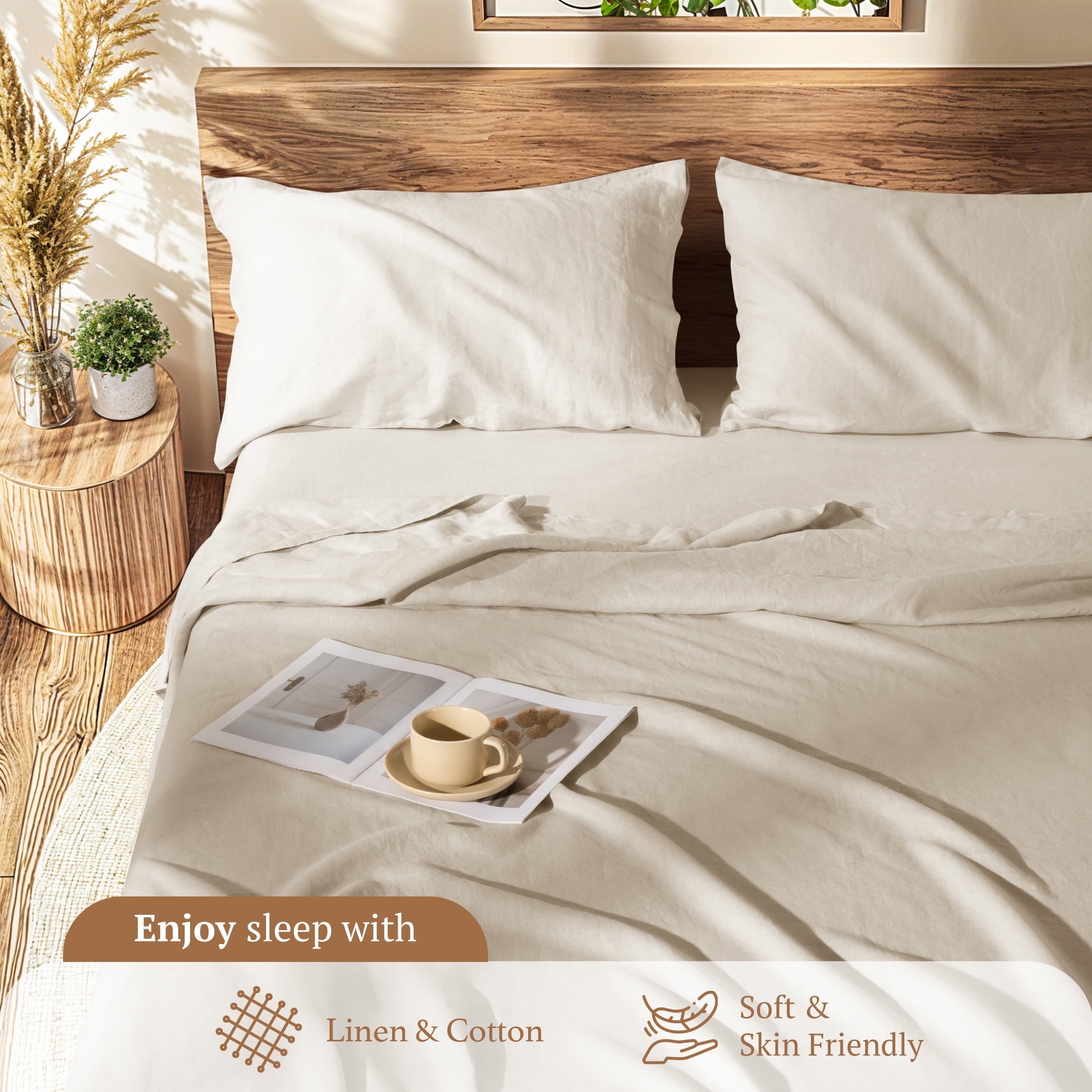 Ultra-Soft Natural Linen Cotton Bed Sheets Set, Deep Pocket - Breathable - Durable - 4 Pieces (Linen, Queen) - Cooling Hotel Quality Bedding Sheets and Pillowcases Detail