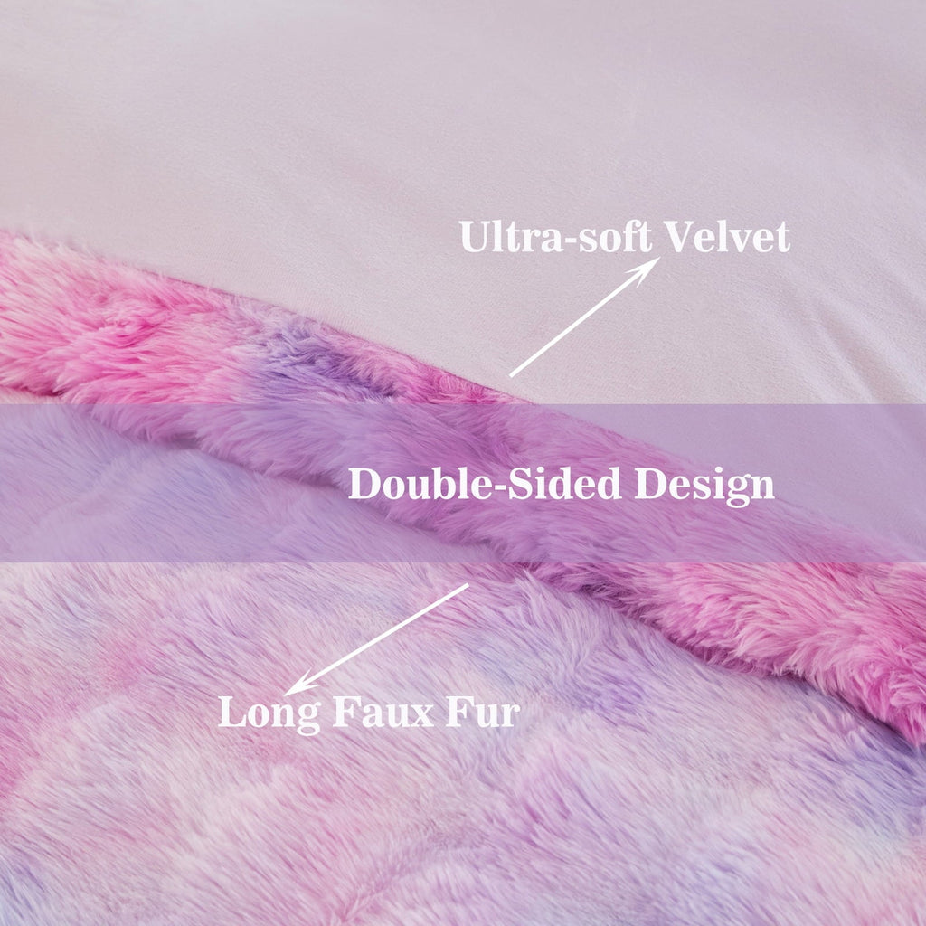 Luxurious Quilted Faux Rabbit Fur Comforter Set Twin 3Pcs Girls Blue Purple Bedding Set Tie-Dyeing Soft Bed Comforter Set Warm Fuzzy Ki... - Luxurious Quilted Duvet Cover Set Detail