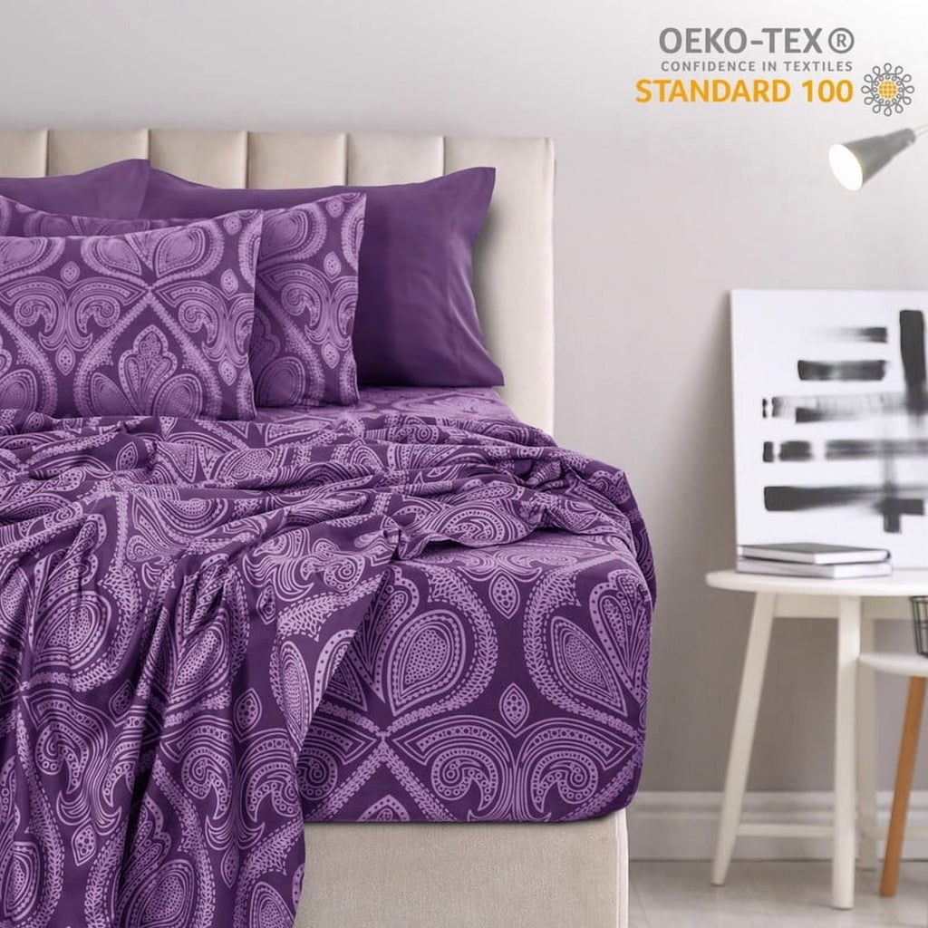 Ultra-Soft Paisley Printed Queen Bed Sheets Set, Microfiber 6 Piece Bedding Set - Purple - Luxury Bed Sheet Set with Deep Pockets Detail